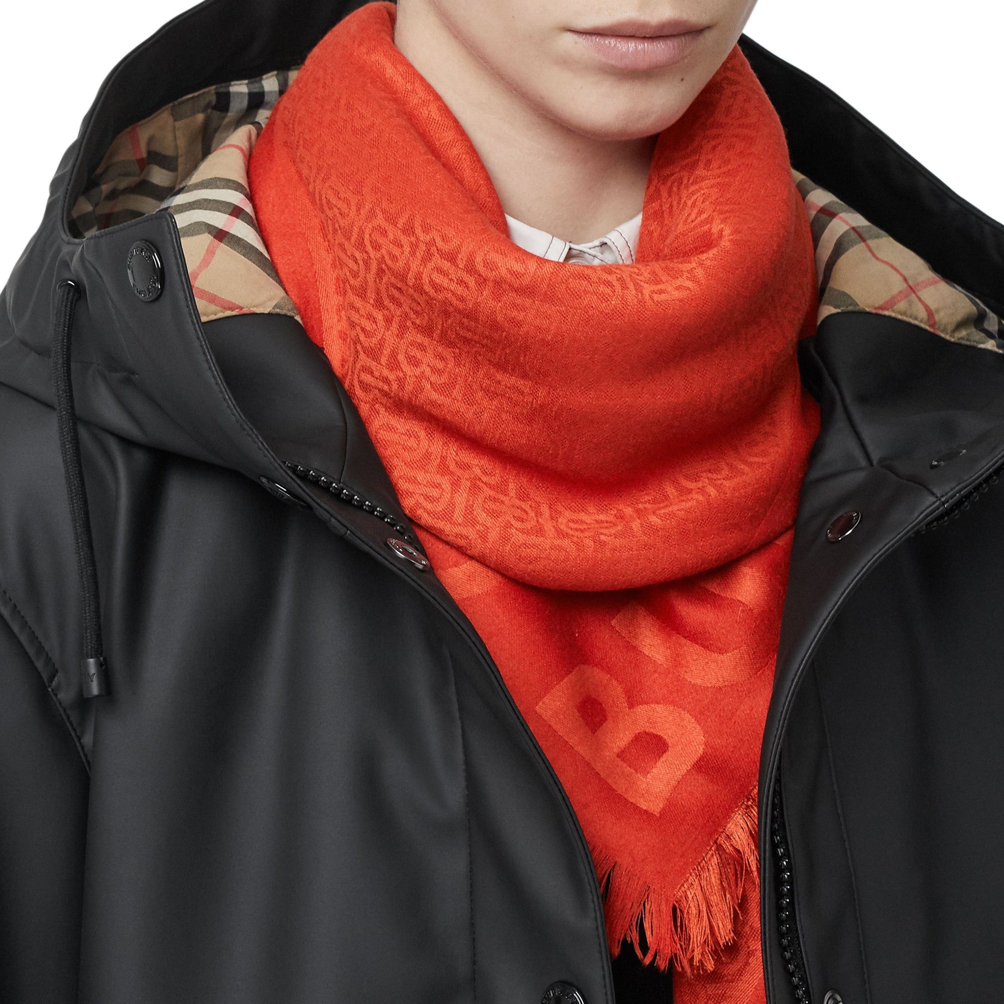 Grand carré de soie et laine en jacquard Monogram - Vermillion