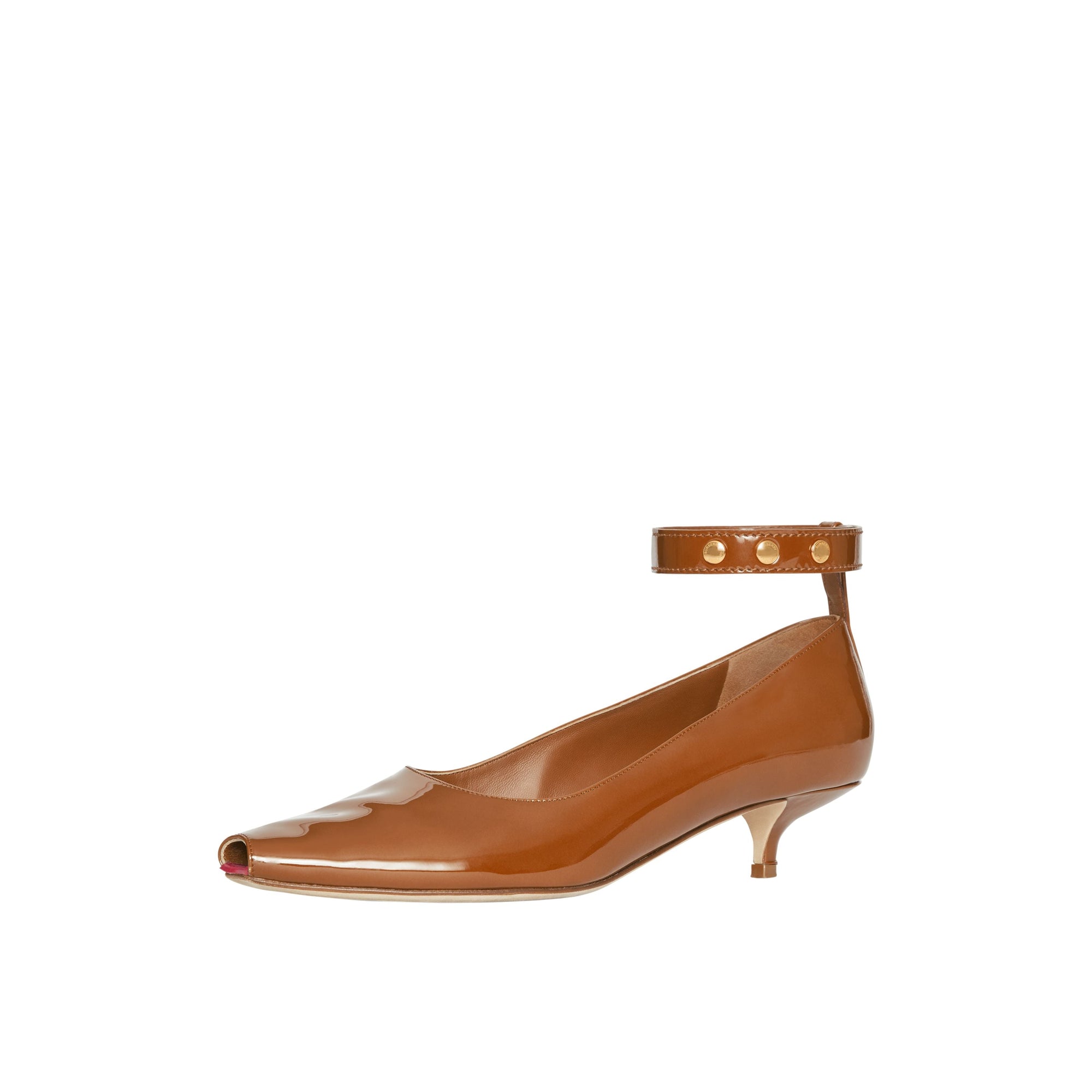 Escarpins à bout ouvert et talon kitten-heel en cuir verni - Tan