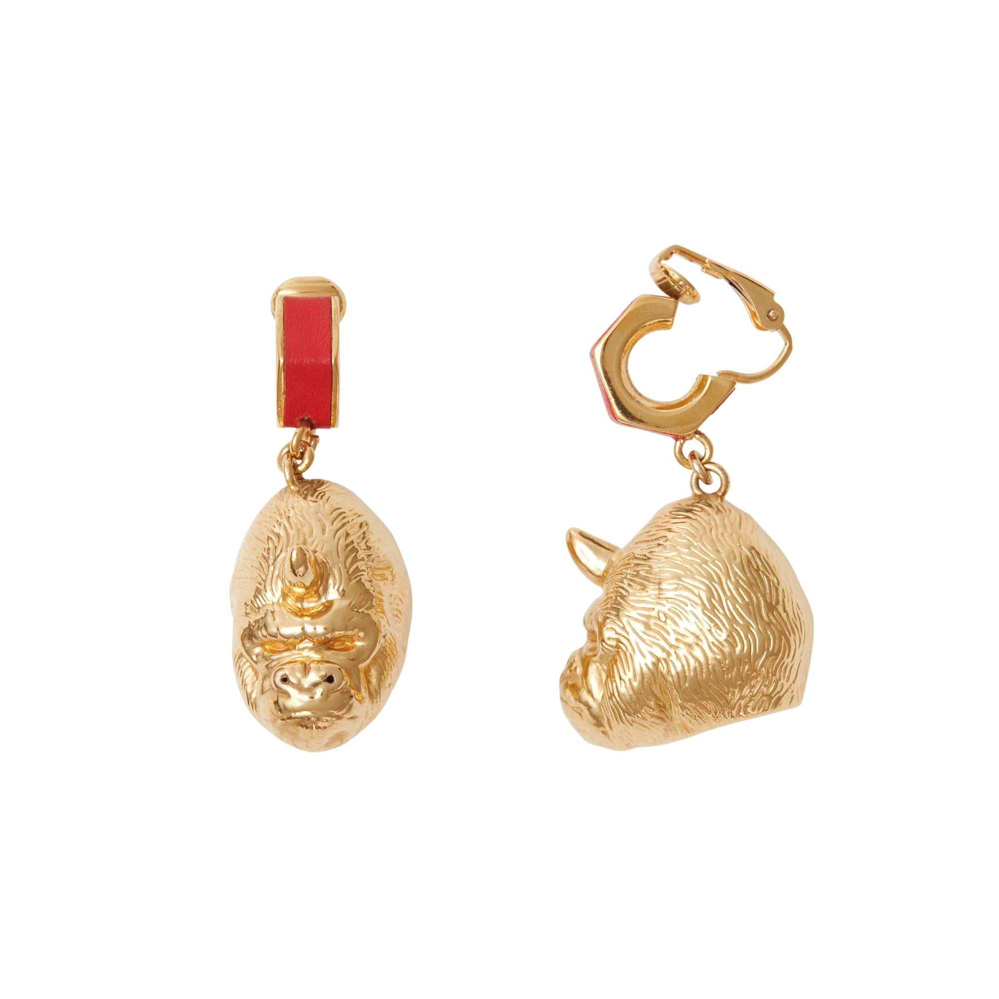 Boucles d'oreilles gorille et écrou plaquées or avec cuir - Bright Red & L Gold
