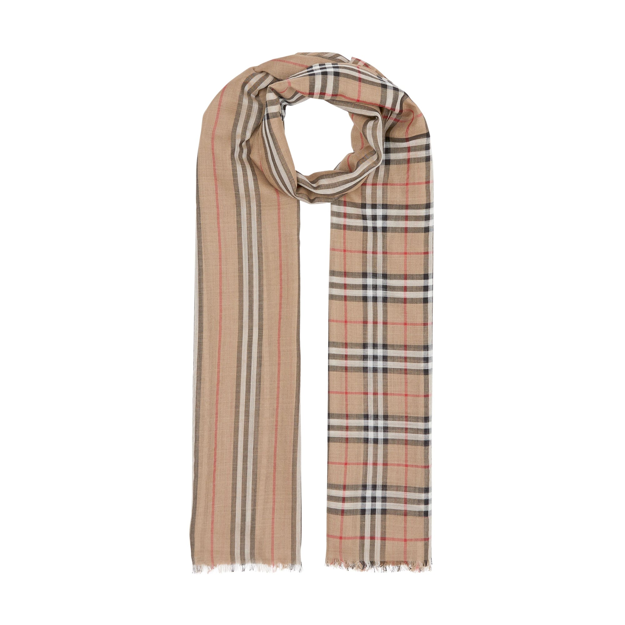 Écharpe en laine et soie avec rayures iconiques et Vintage check - Archive Beige