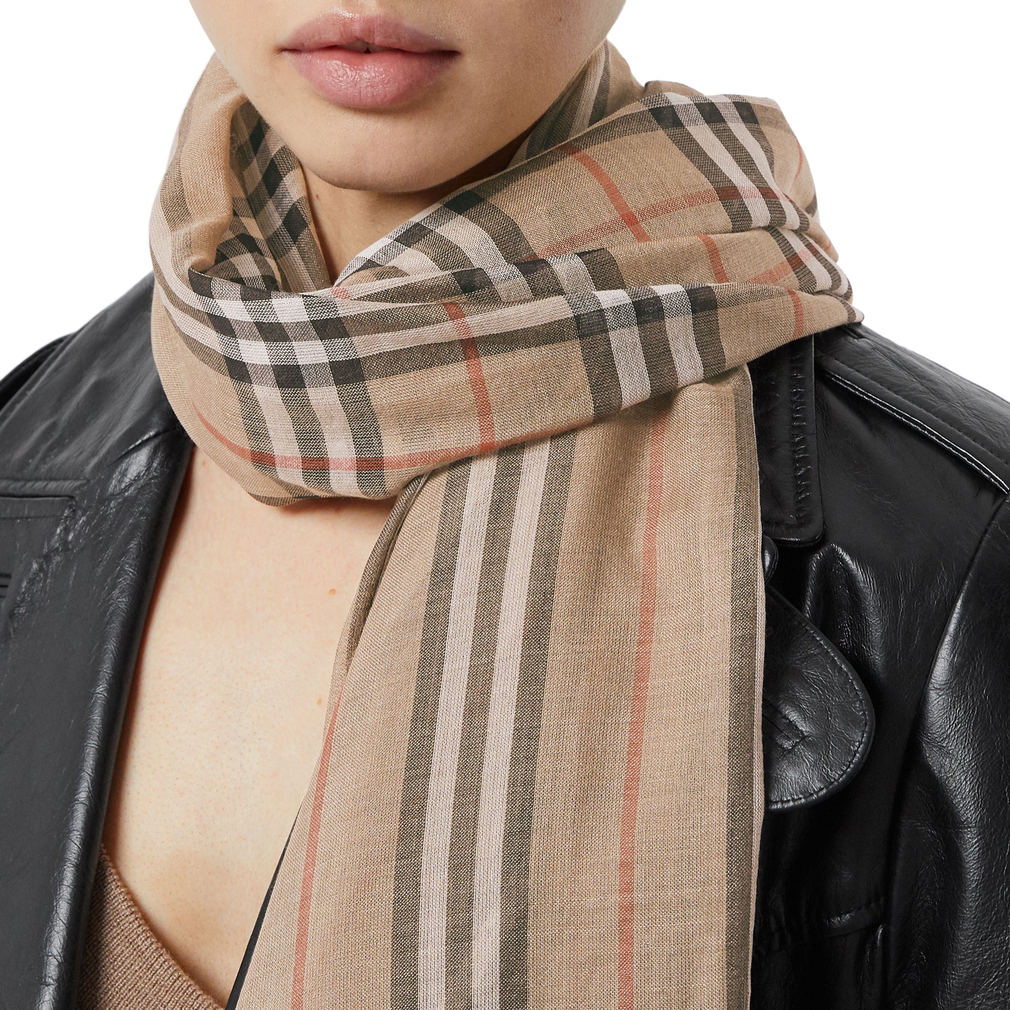 Écharpe en laine et soie avec rayures iconiques et Vintage check - Archive Beige