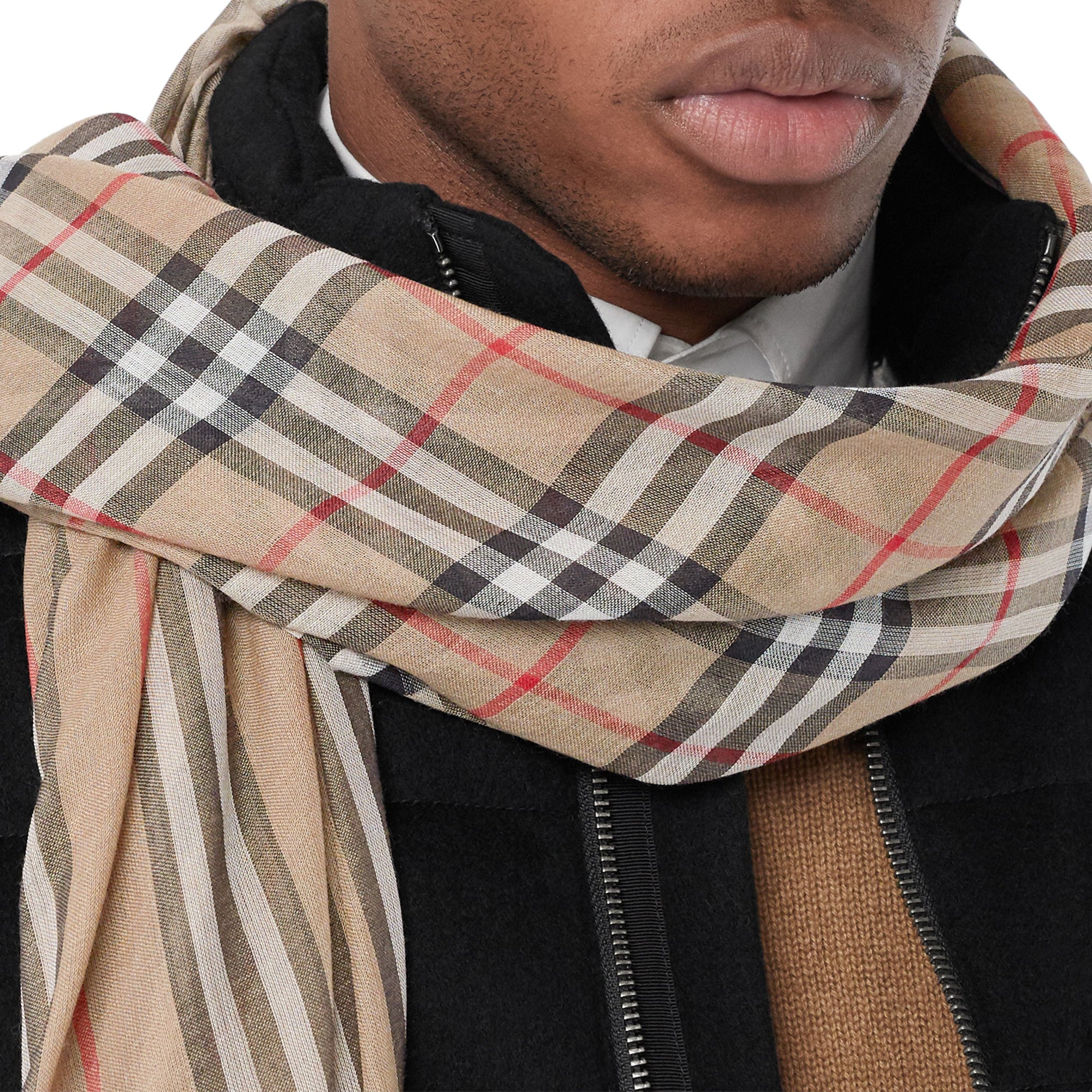 Écharpe en laine et soie avec rayures iconiques et Vintage check - Archive Beige