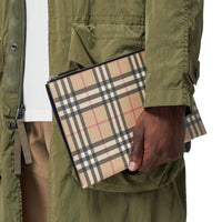 Pochette zippée en toile écologique et cuir Vintage check - Archive Beige