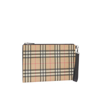 Pochette zippée en toile écologique et cuir Vintage check - Archive Beige