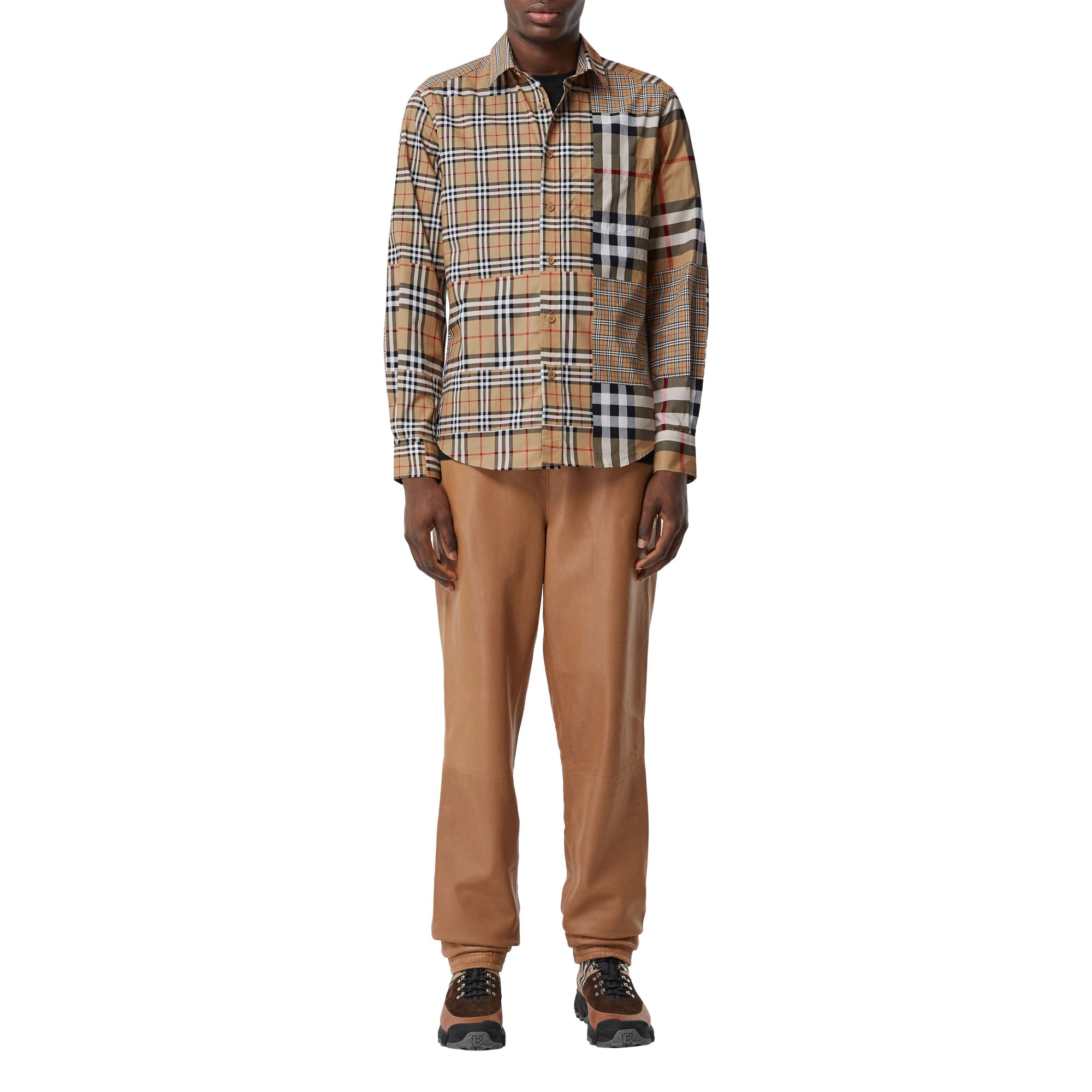 Chemise classique en coton check façon patchwork - Archive Beige