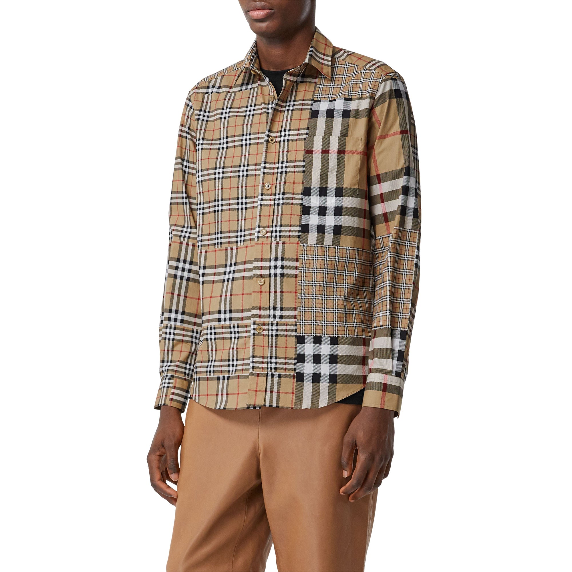 Chemise classique en coton check façon patchwork - Archive Beige