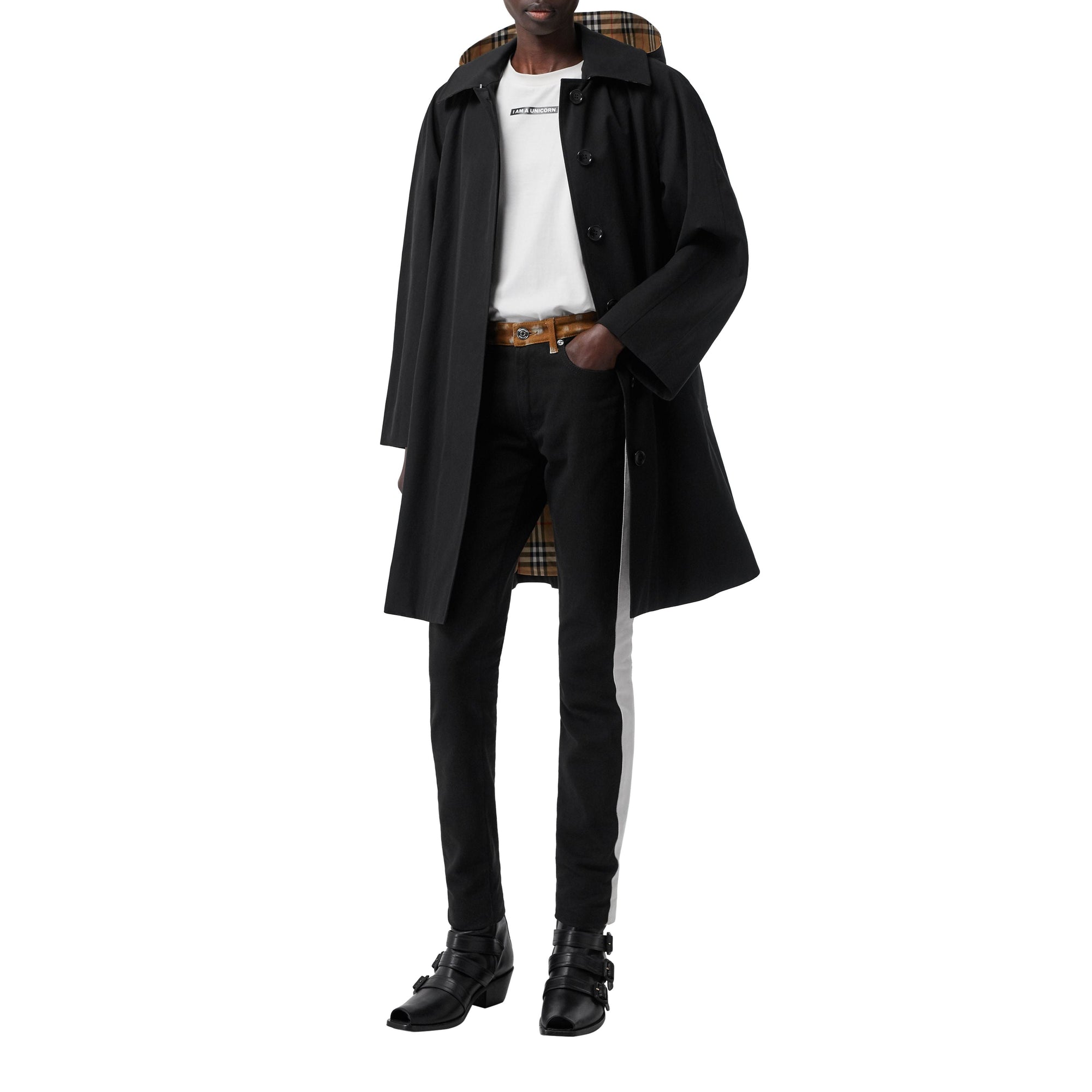 Manteau évasé en gabardine tropicale avec capuche amovible - Black