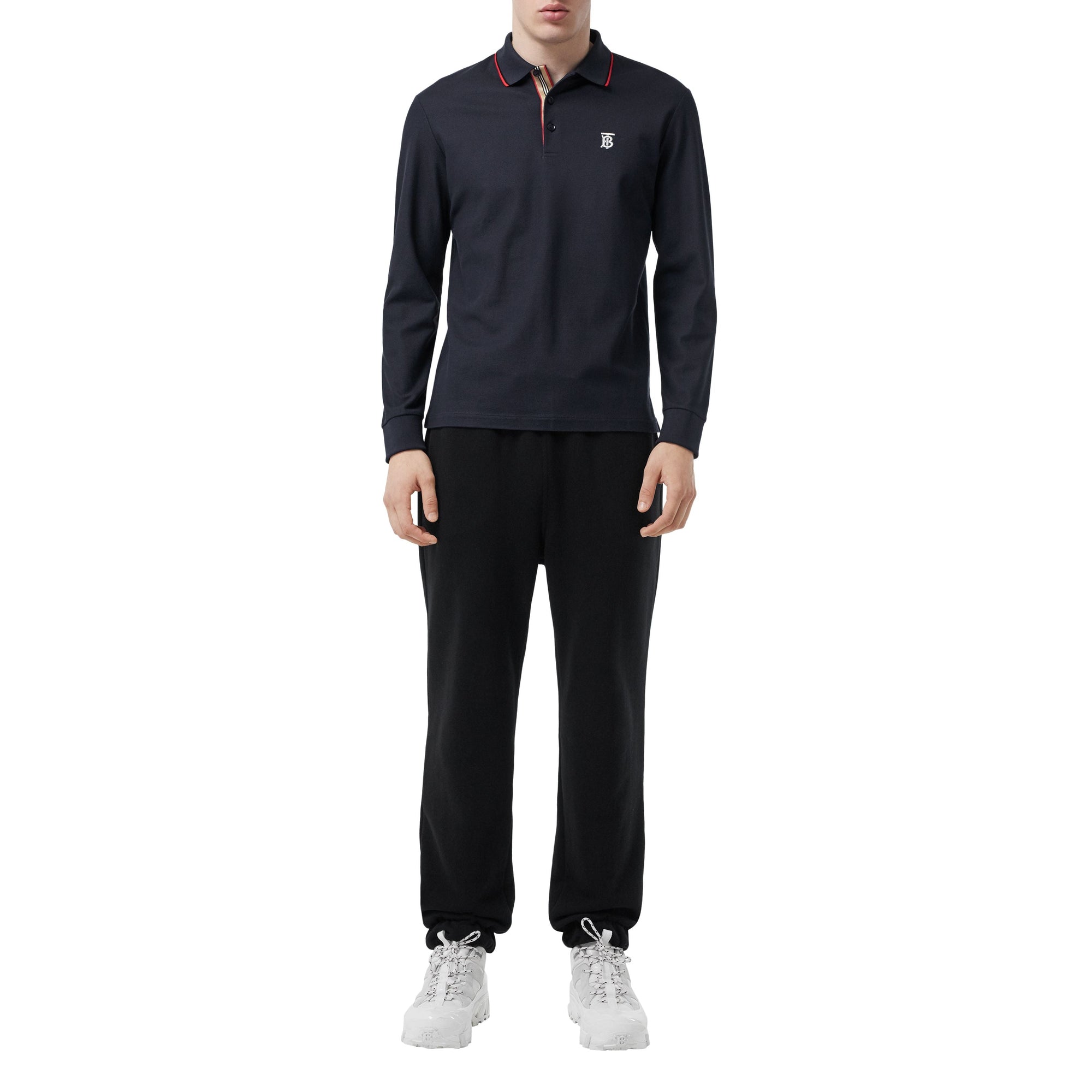 Polo à manches longues en piqué de coton Monogram - Navy
