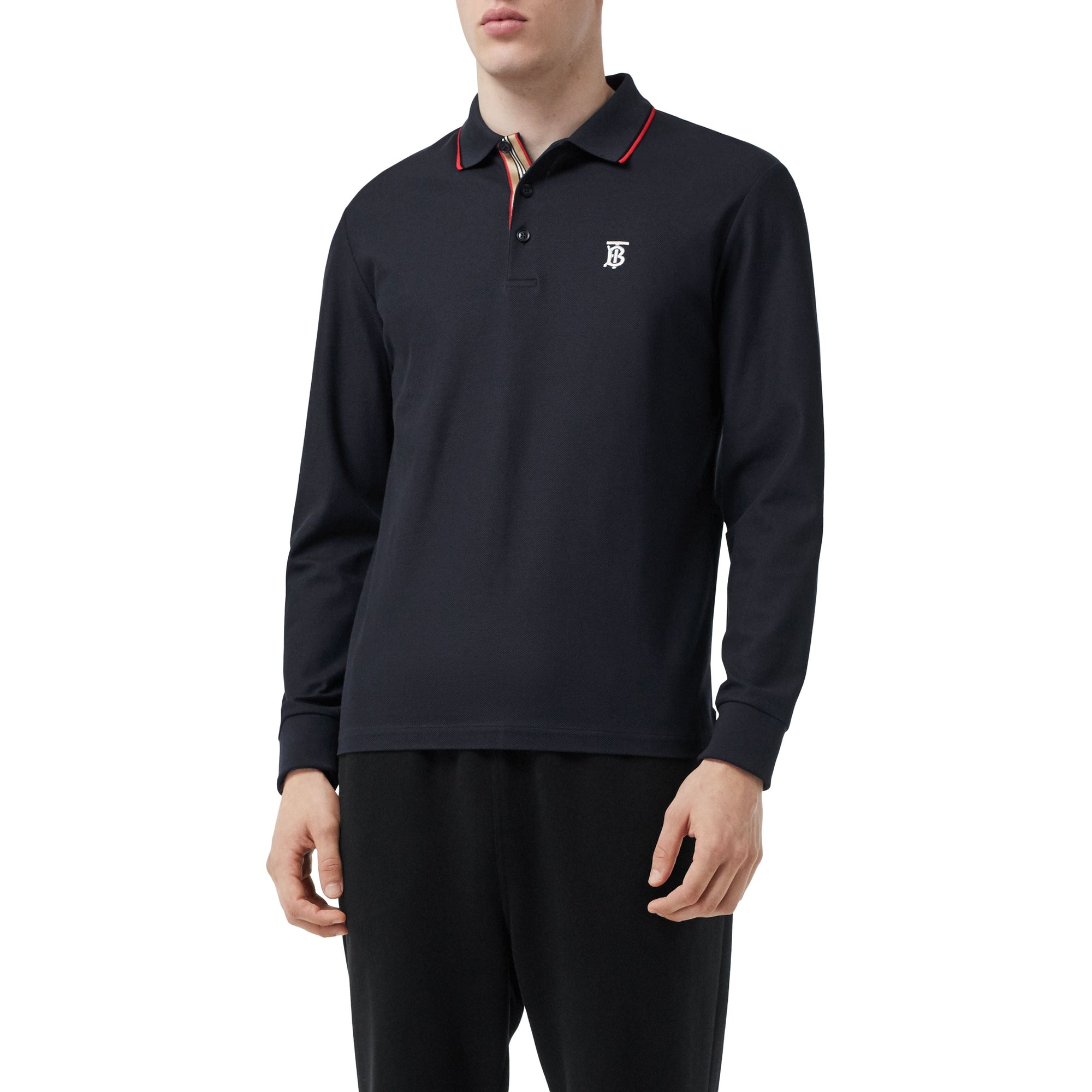 Polo à manches longues en piqué de coton Monogram - Navy