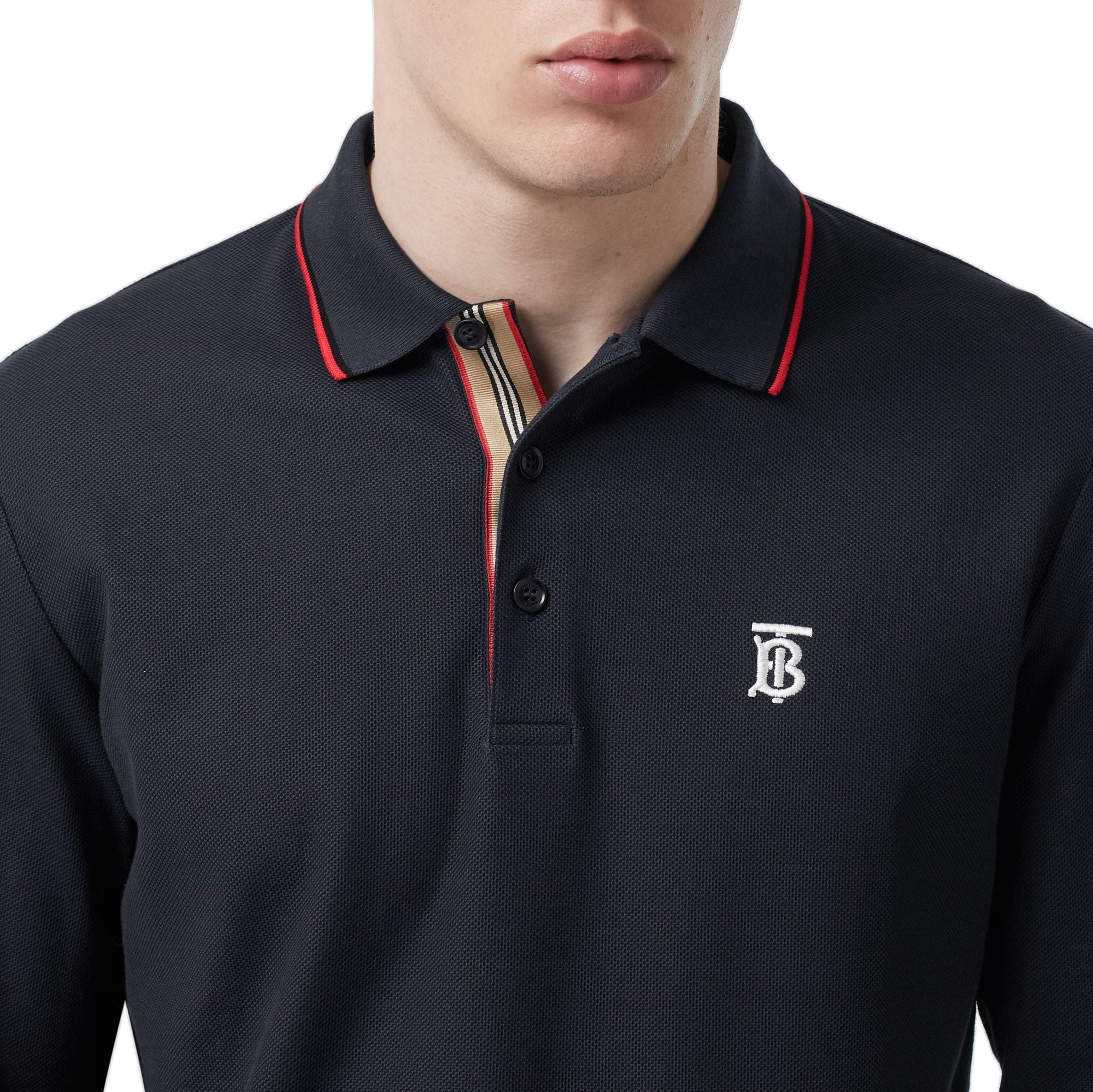 Polo à manches longues en piqué de coton Monogram - Navy