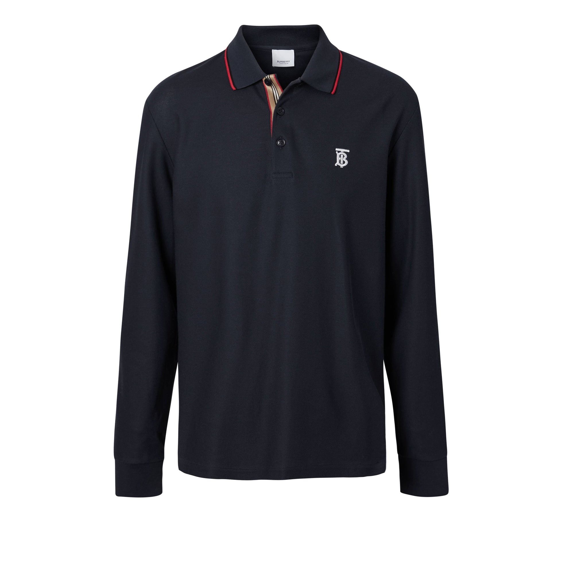 Polo à manches longues en piqué de coton Monogram - Navy