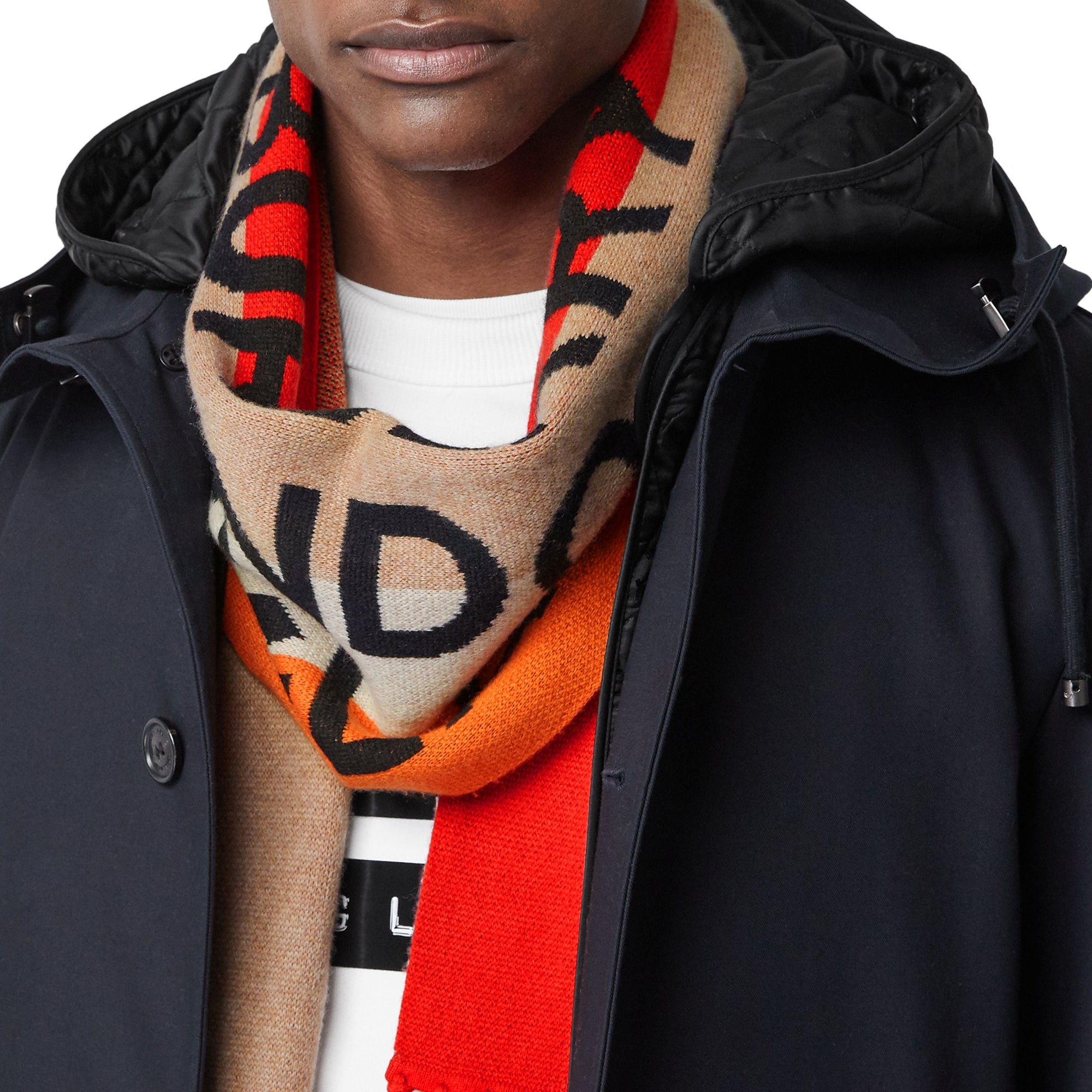 Écharpe en jacquard de cachemire à rayures et logo - Bright Orange