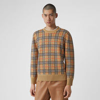 Pull en jacquard de laine mérinos check - Archive Beige
