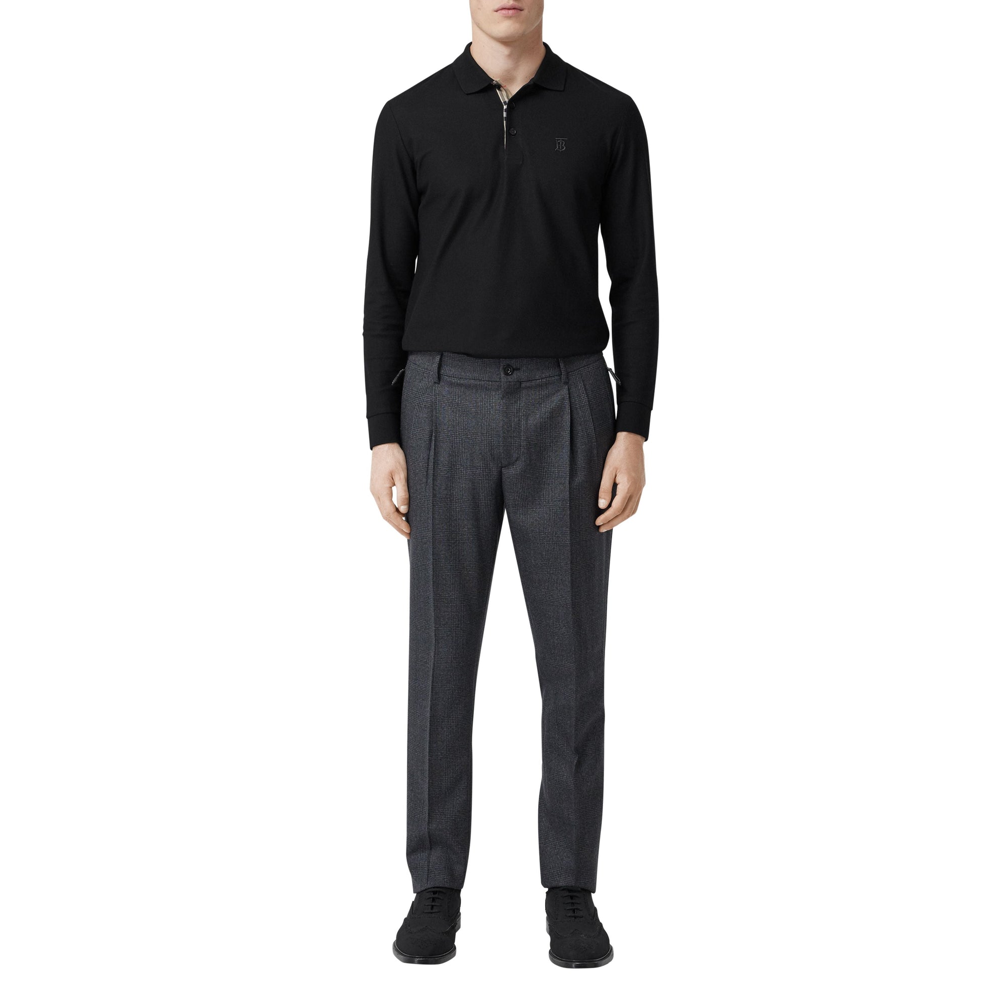 Polo à manches longues en piqué de coton Monogram - Black
