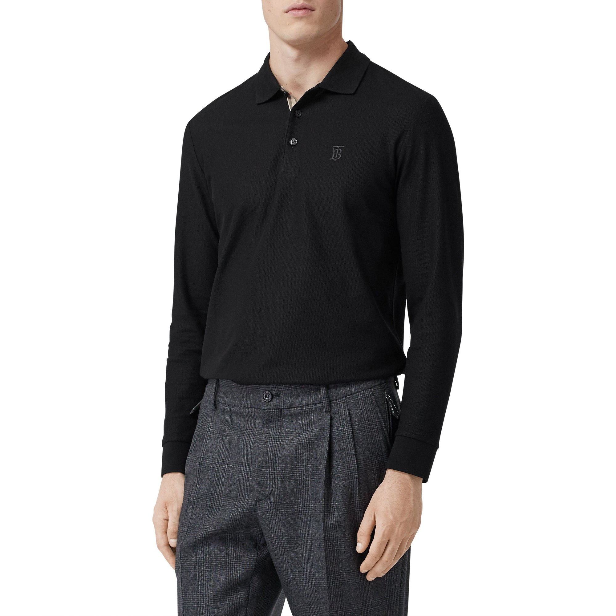 Polo à manches longues en piqué de coton Monogram - Black