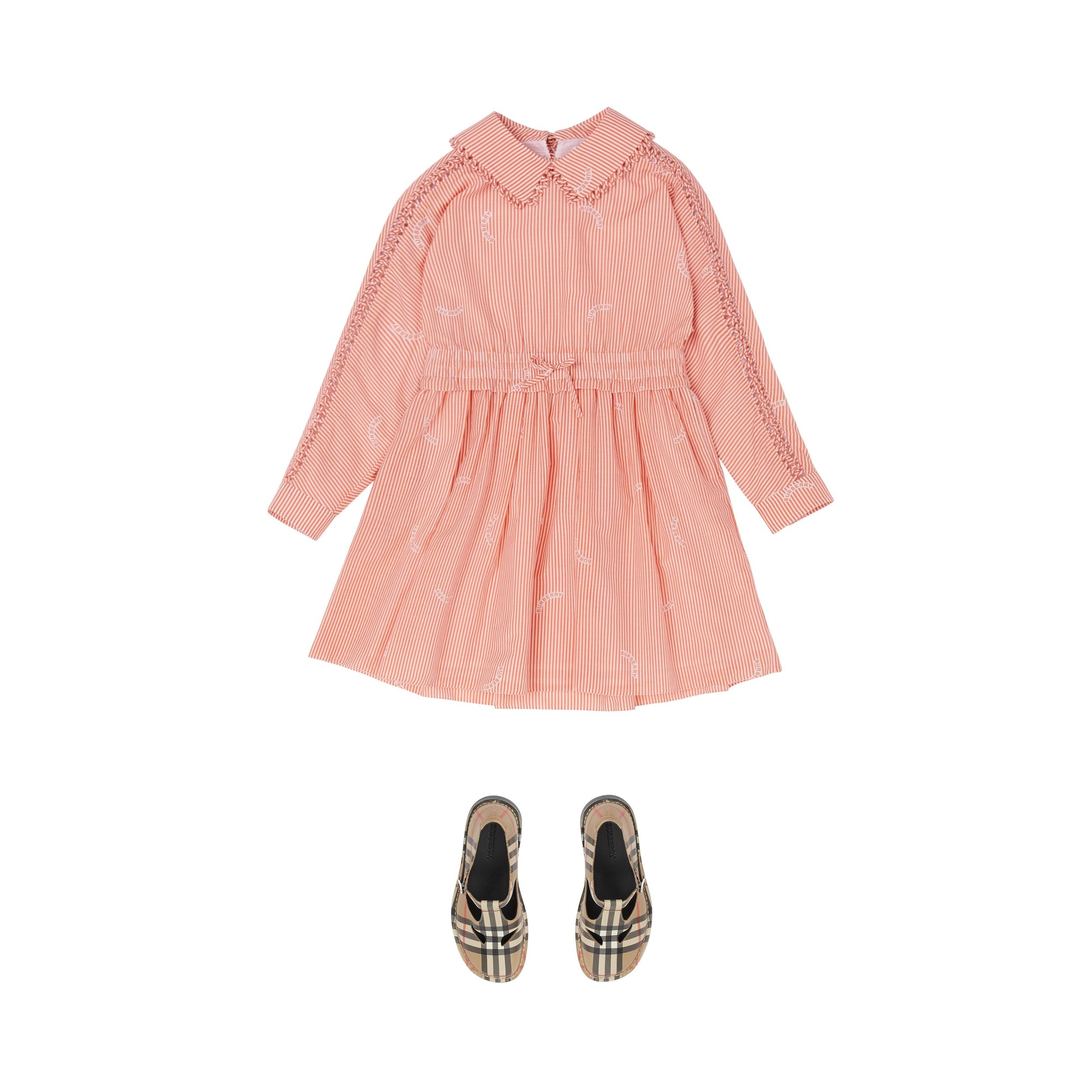 Robe en coton et soie rayée avec col Claudine - Coral Orange