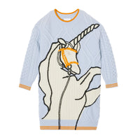 Robe pull en laine et cachemire torsadées à motif licorne - Light Blue