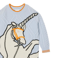 Robe pull en laine et cachemire torsadées à motif licorne - Light Blue