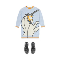 Robe pull en laine et cachemire torsadées à motif licorne - Light Blue