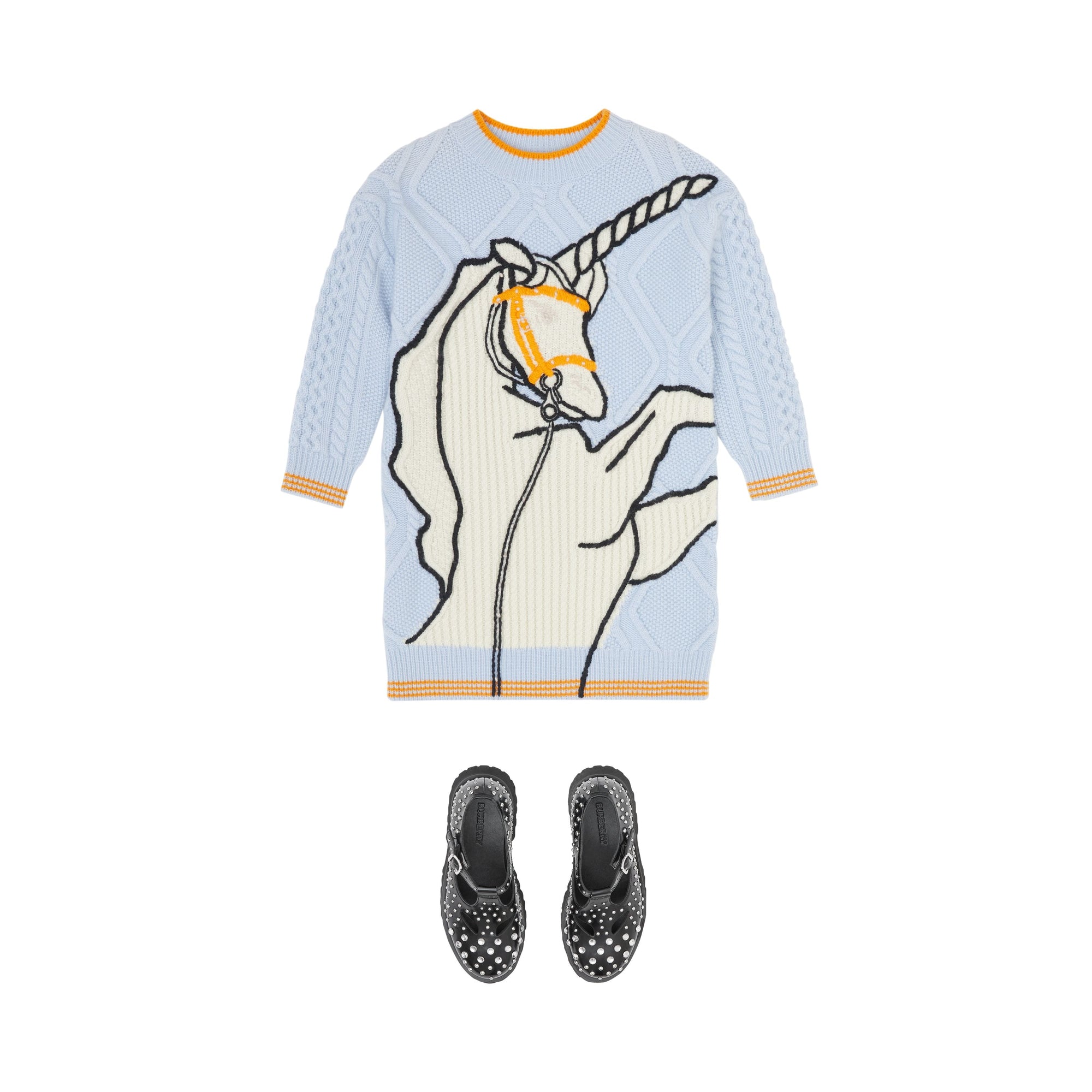 Robe pull en laine et cachemire torsadées à motif licorne - Light Blue