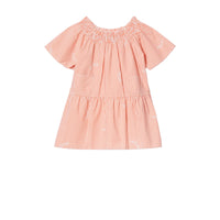 Robe en coton et soie rayée avec col ruché - Coral Orange