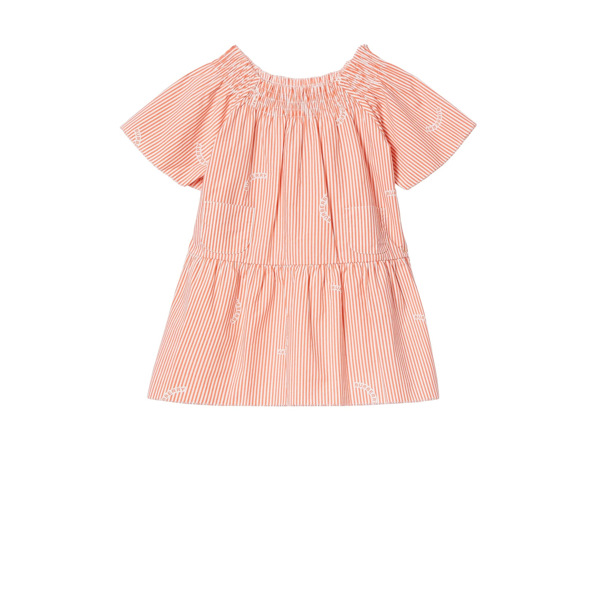 Robe en coton et soie rayée avec col ruché - Coral Orange