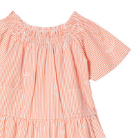 Robe en coton et soie rayée avec col ruché - Coral Orange