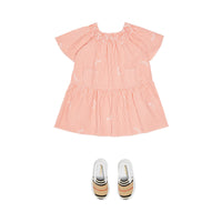 Robe en coton et soie rayée avec col ruché - Coral Orange