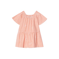 Robe en coton et soie rayée avec col ruché - Coral Orange