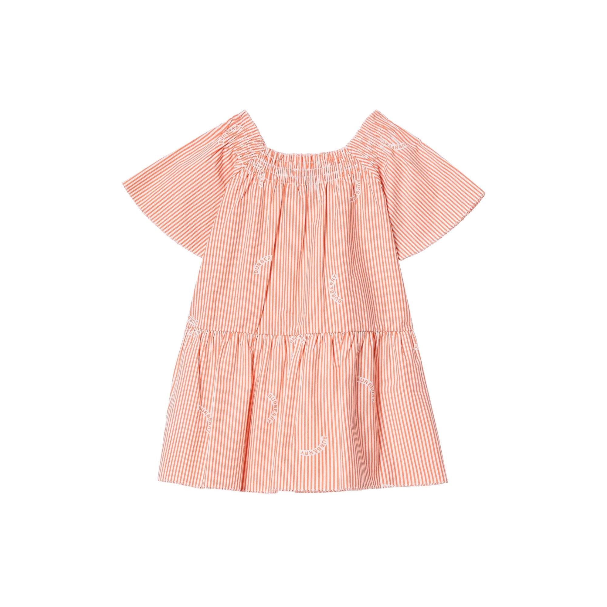 Robe en coton et soie rayée avec col ruché - Coral Orange