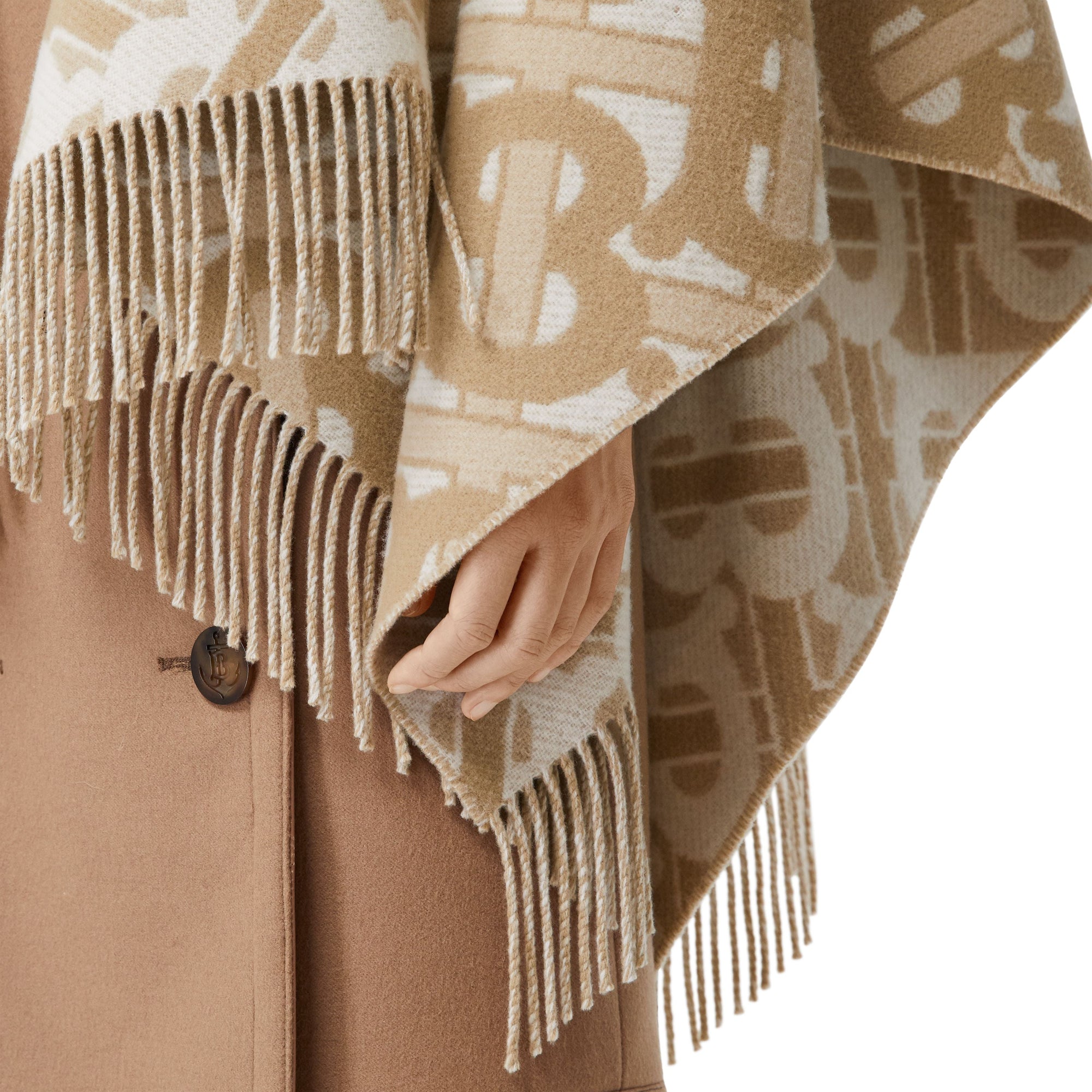 Cape en laine mérinos et cachemire tissés en jacquard Monogram - Light Sand