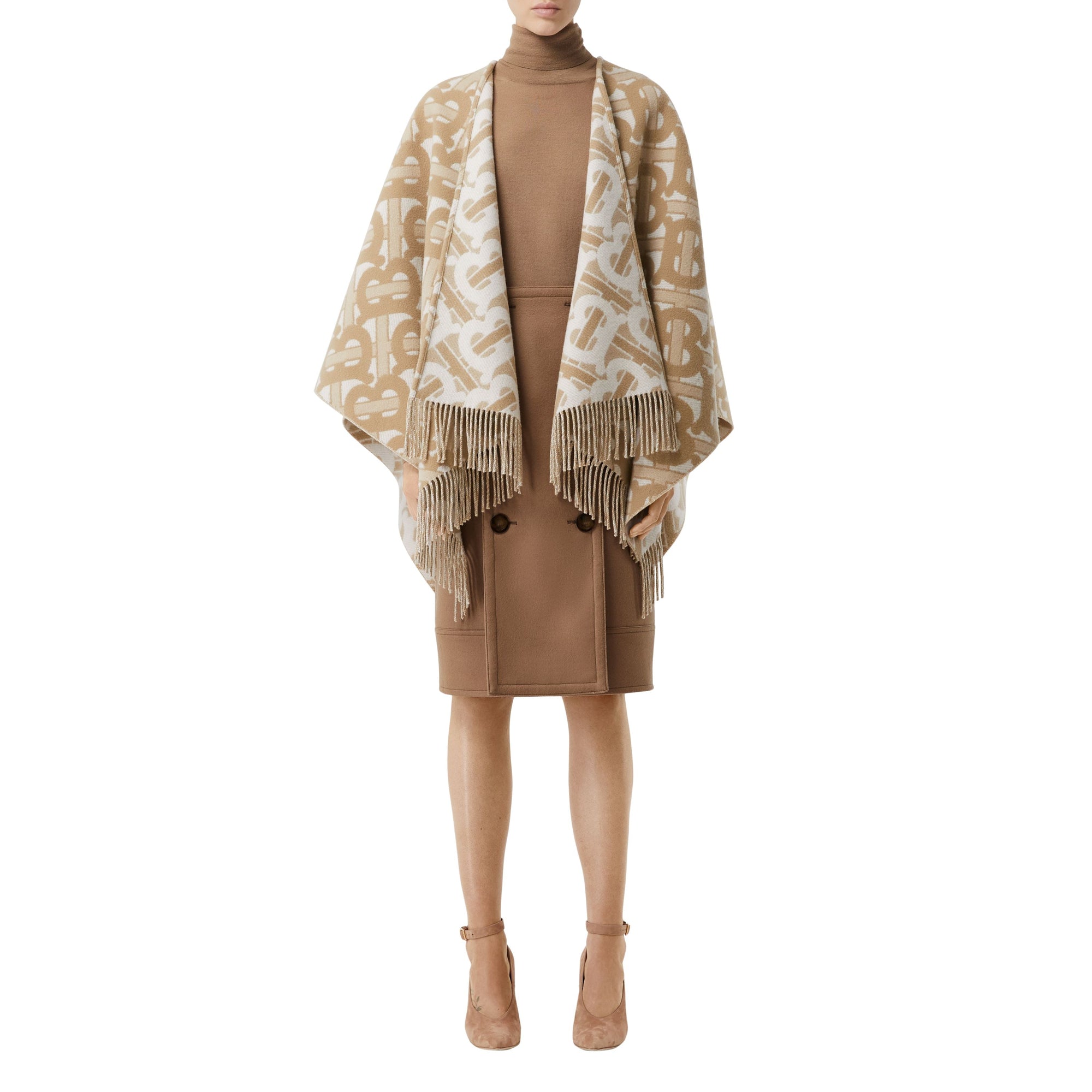 Cape en laine mérinos et cachemire tissés en jacquard Monogram - Light Sand