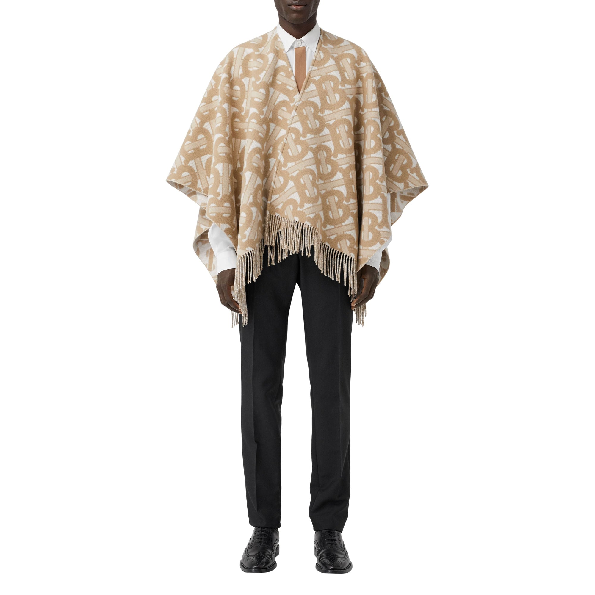 Cape en laine mérinos et cachemire tissés en jacquard Monogram - Light Sand