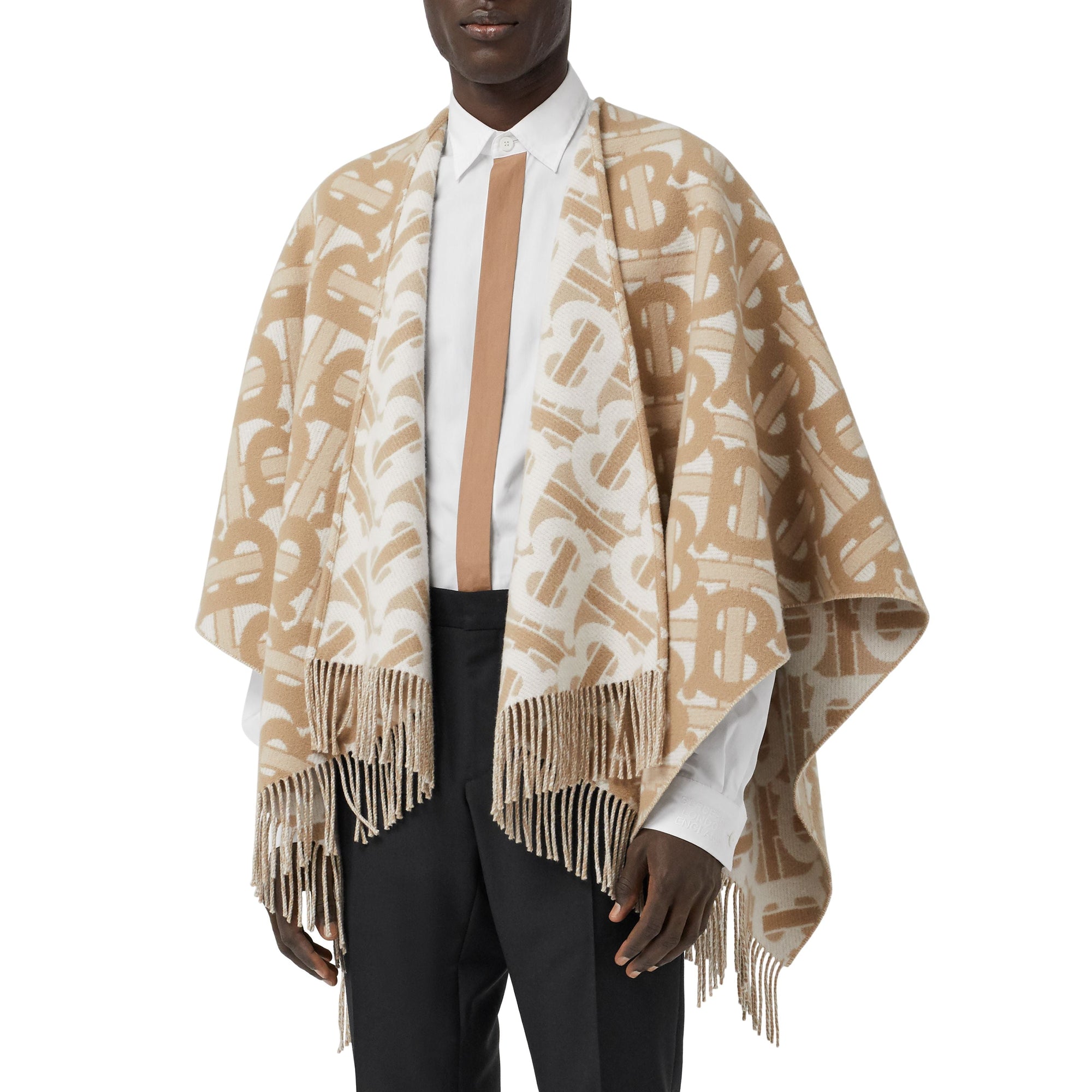 Cape en laine mérinos et cachemire tissés en jacquard Monogram - Light Sand