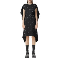 Robe en satin de soie avec manches à découpes et ornements - Black