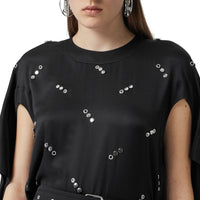 Robe en satin de soie avec manches à découpes et ornements - Black