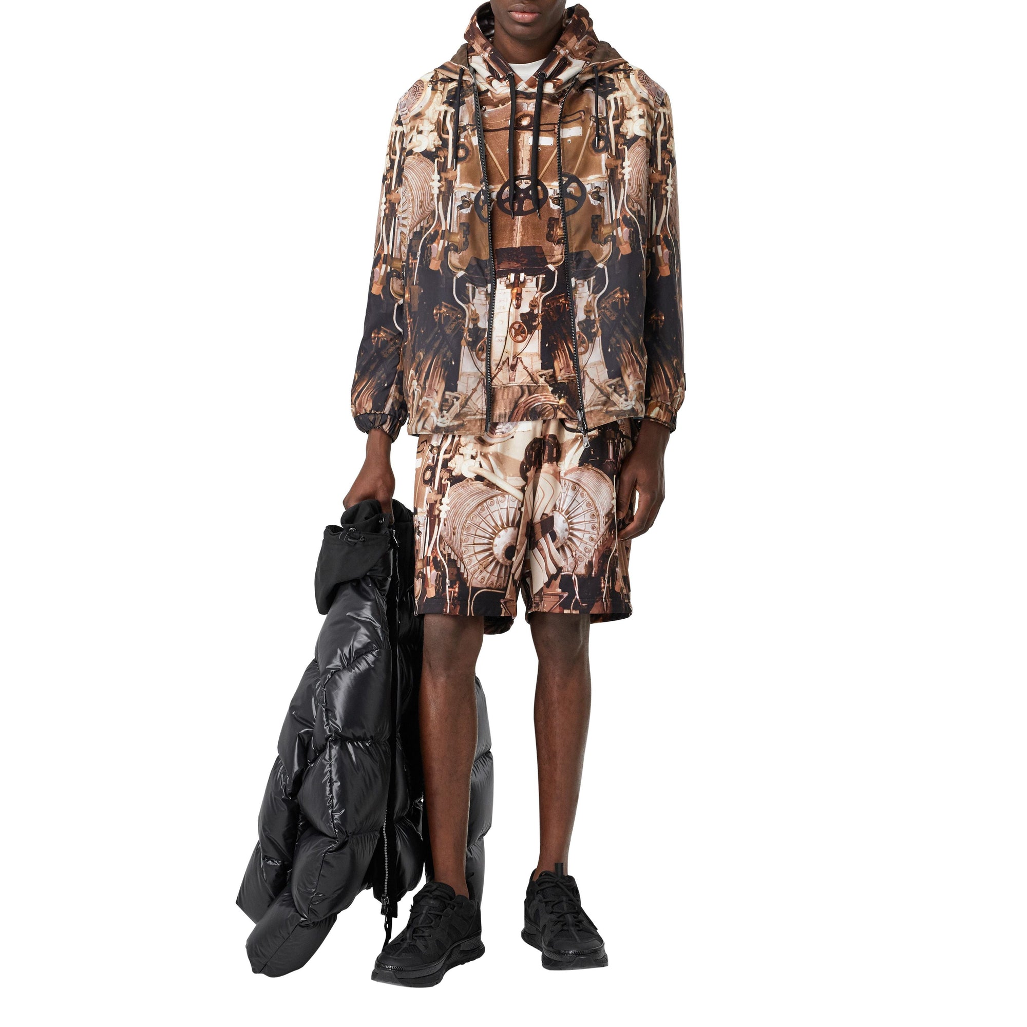 Veste à capuche réversible en nylon avec imprimé sous-marin - Bronze