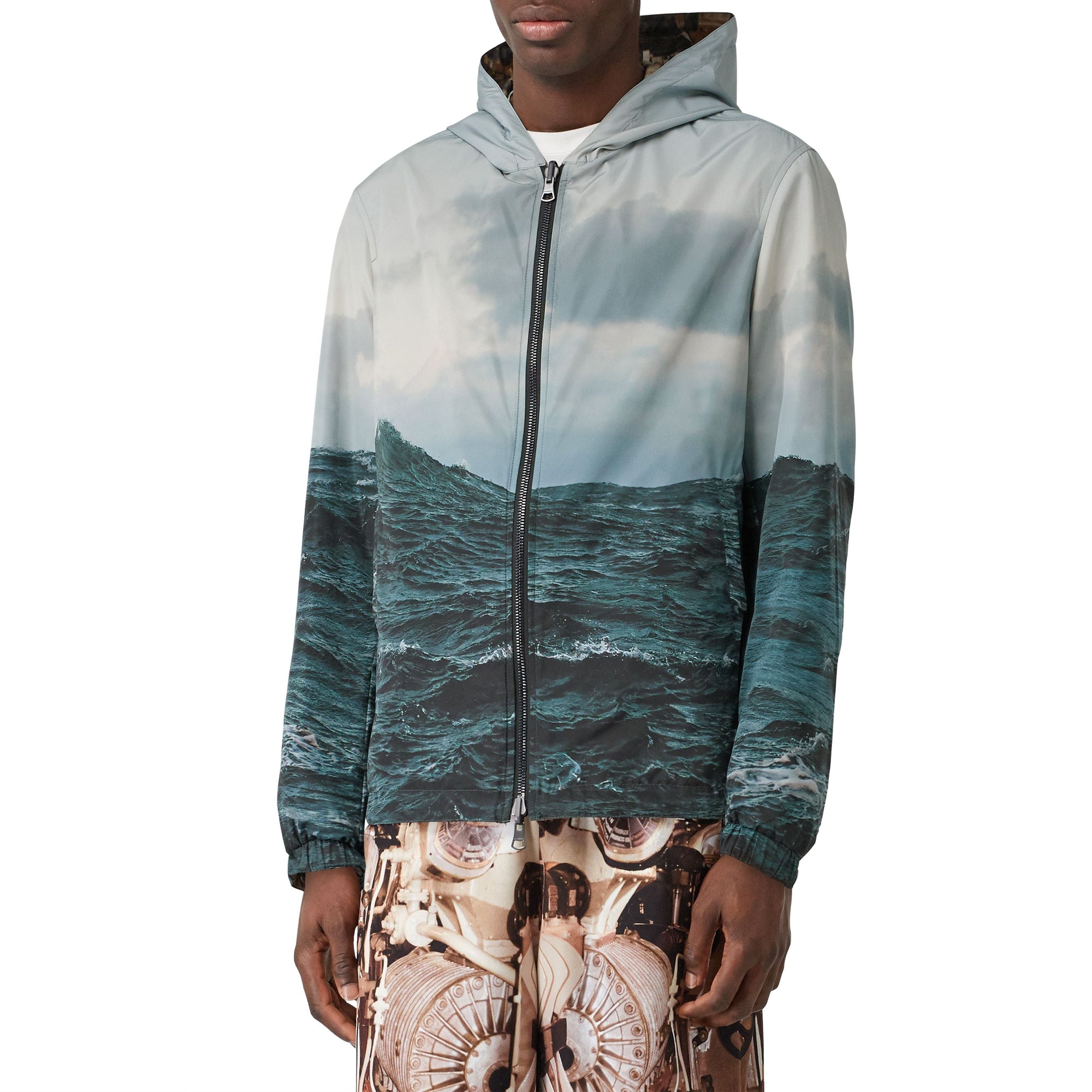 Veste à capuche réversible en nylon avec imprimé sous-marin - Bronze