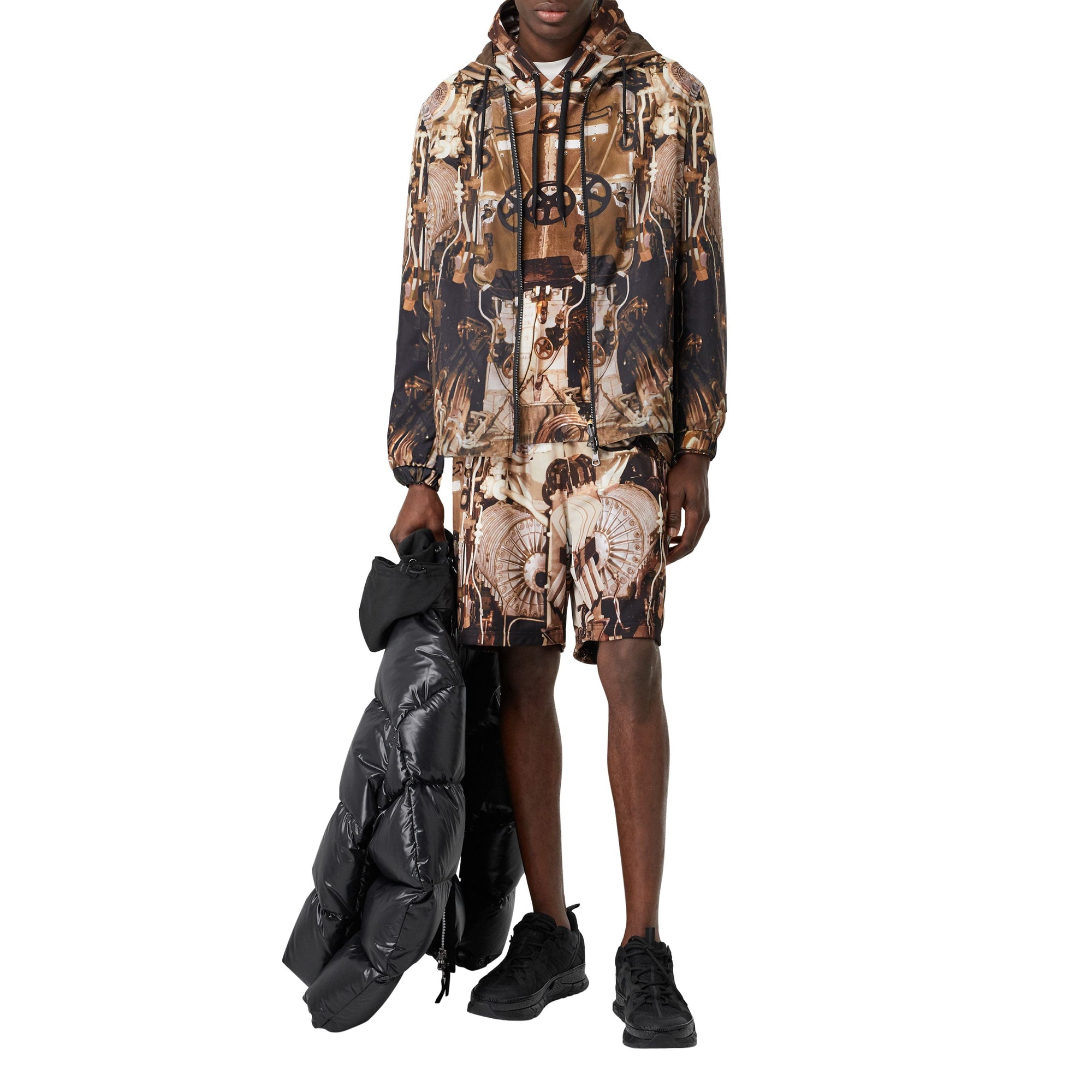 Veste à capuche réversible en nylon avec imprimé sous-marin - Bronze