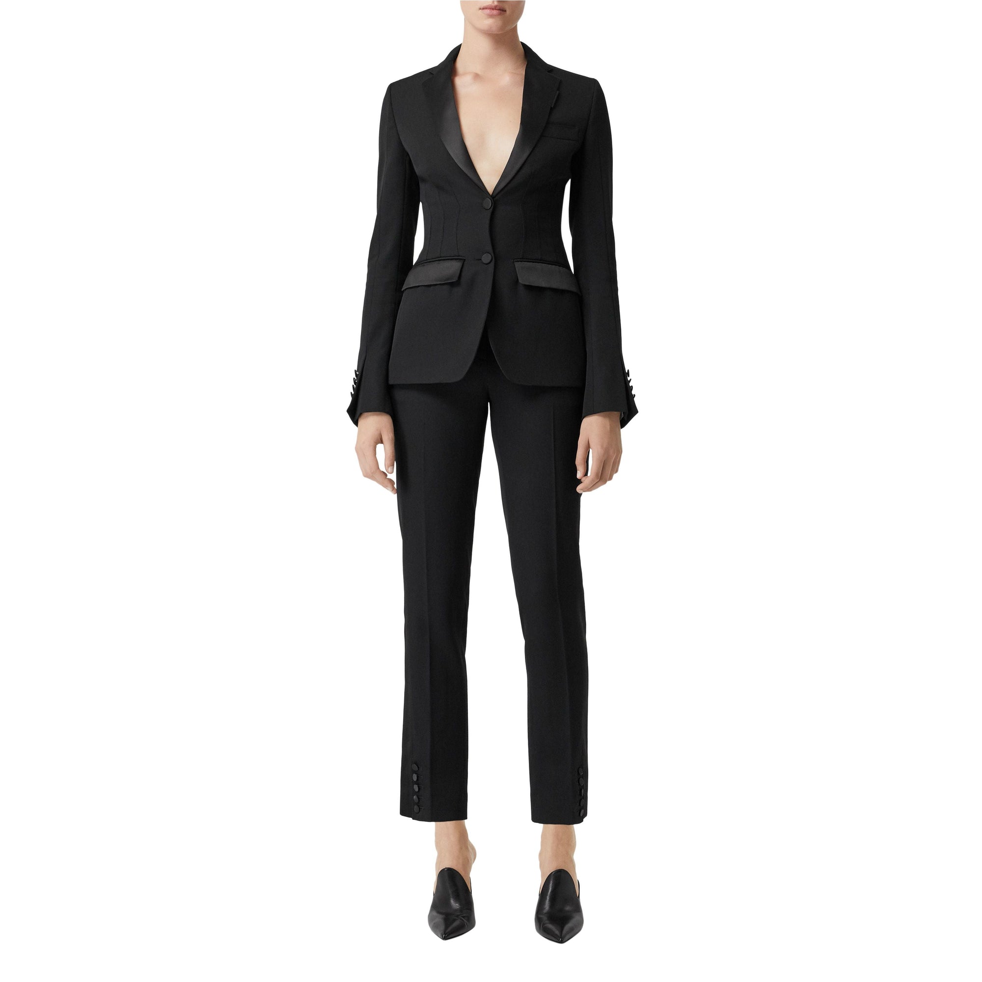 Pantalon tailleur en laine à rayures en satin - Black
