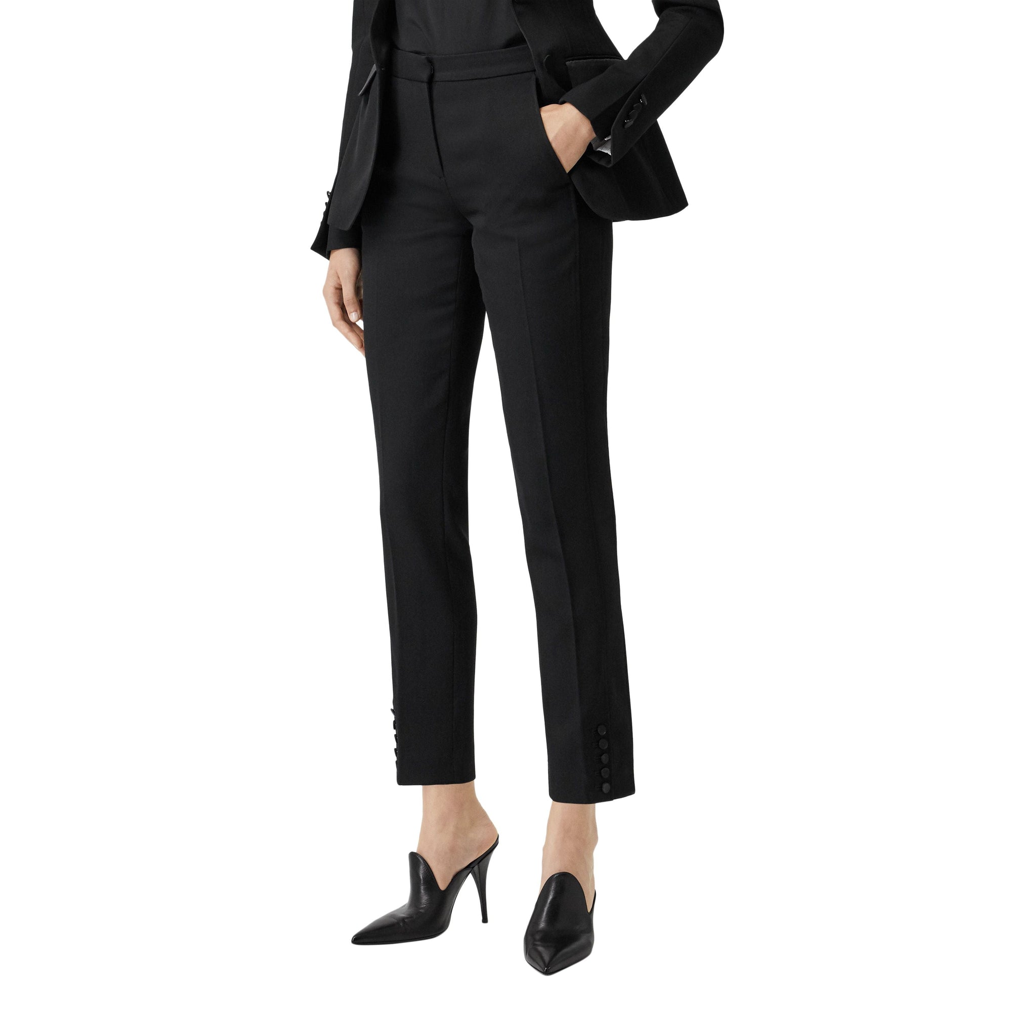 Pantalon tailleur en laine à rayures en satin - Black