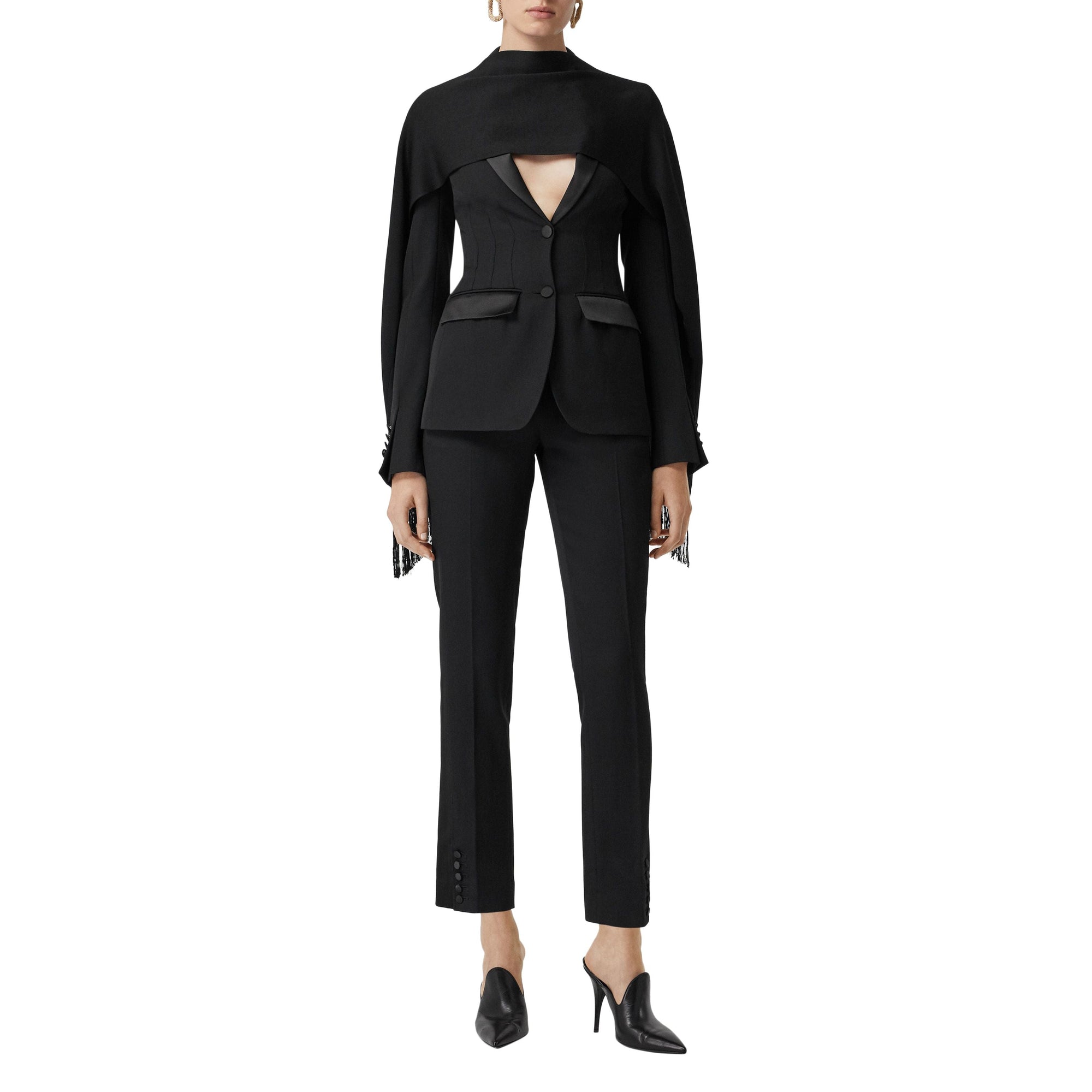 Pantalon tailleur en laine à rayures en satin - Black