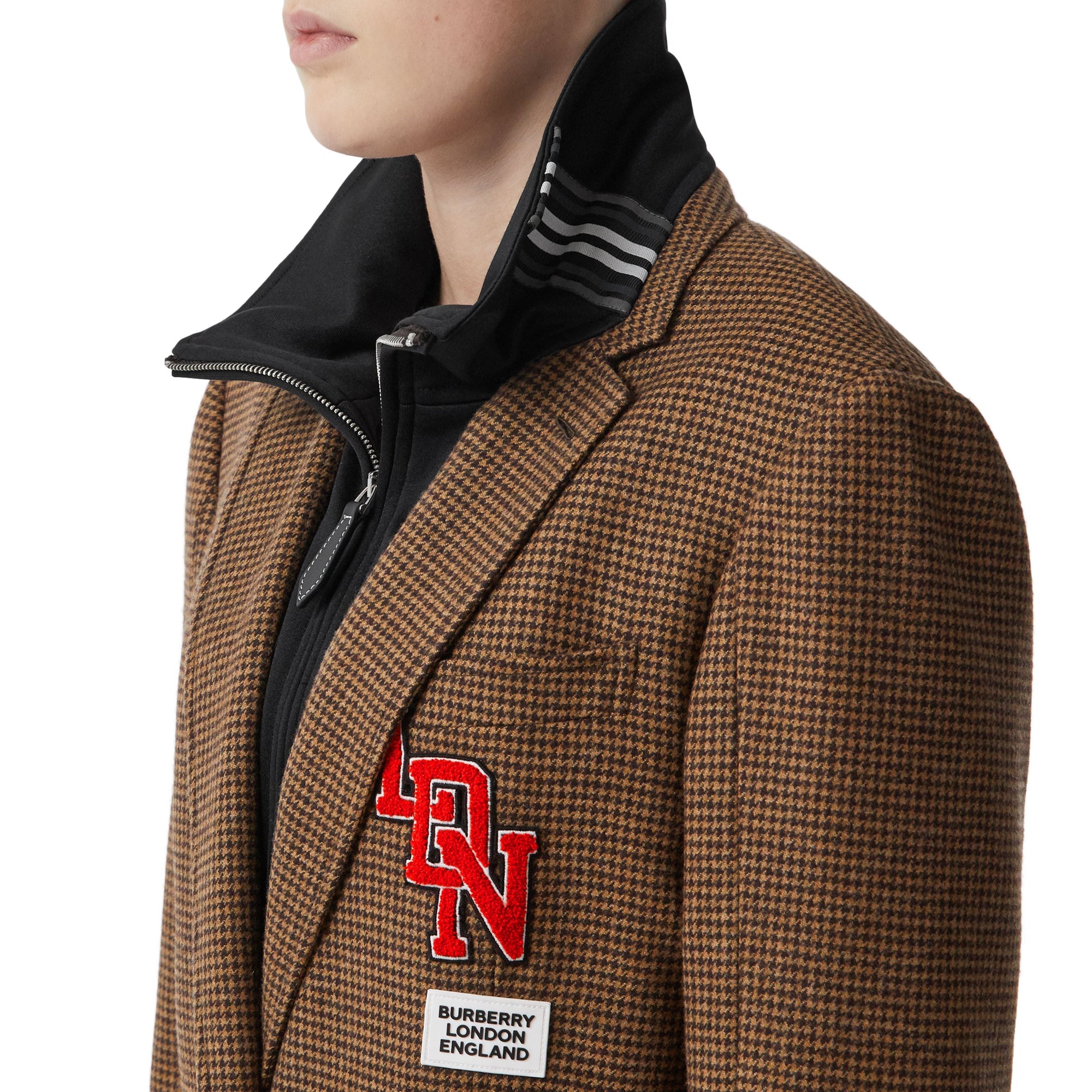 Manteau habillé check et pied de poule façon haut de survêtement - Brown