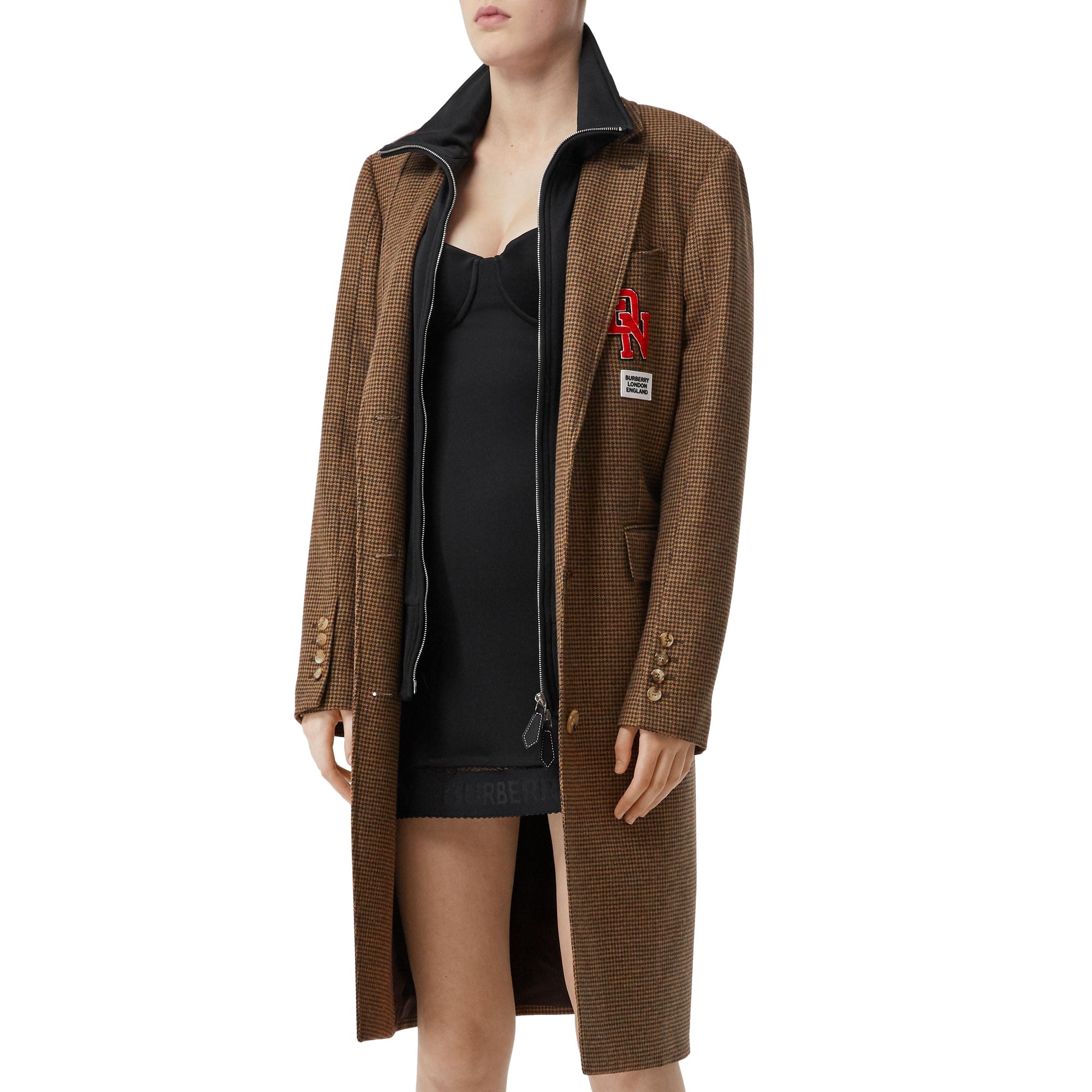 Manteau habillé check et pied de poule façon haut de survêtement - Brown