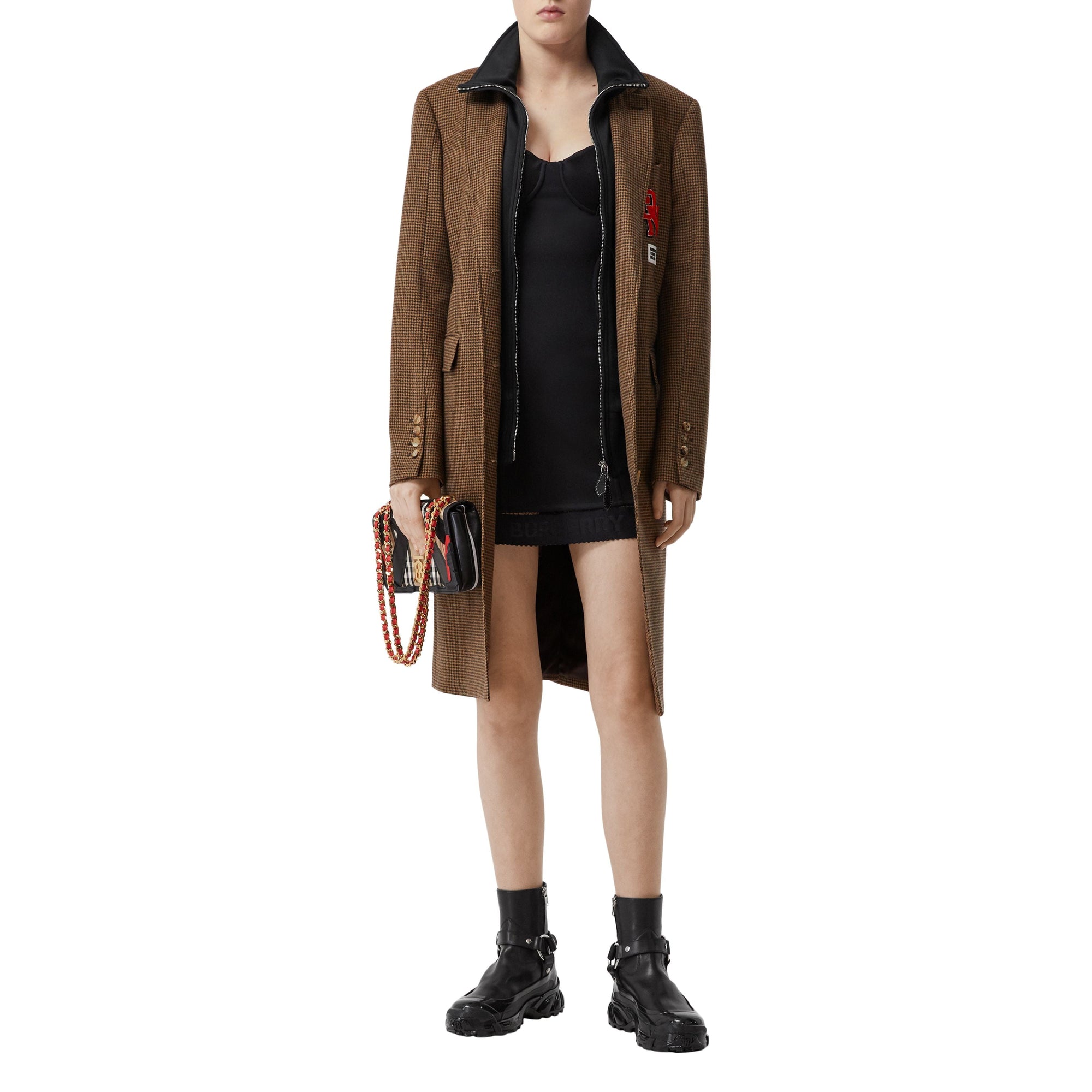 Manteau habillé check et pied de poule façon haut de survêtement - Brown