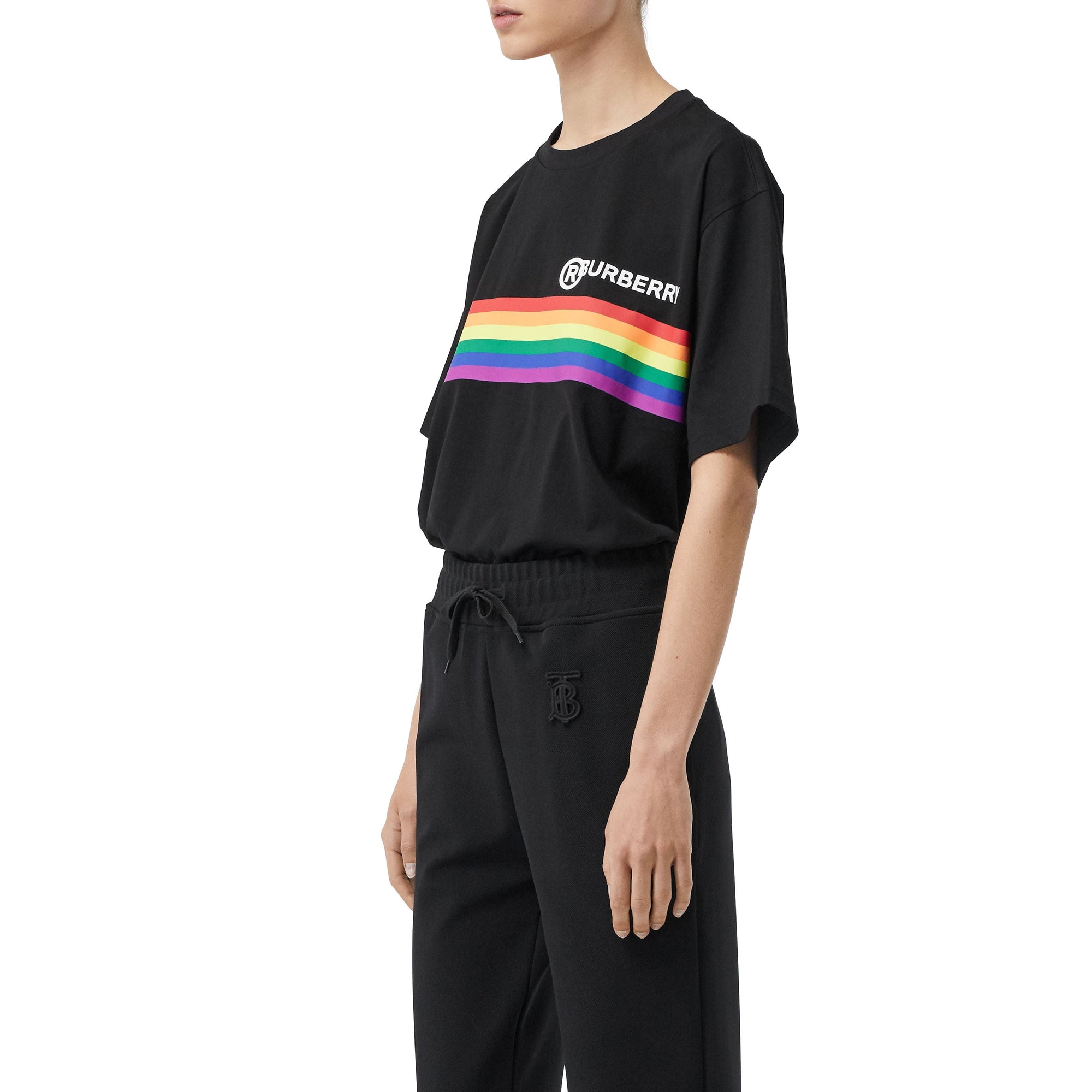T-shirt oversize en coton avec bande arc-en-ciel - Black
