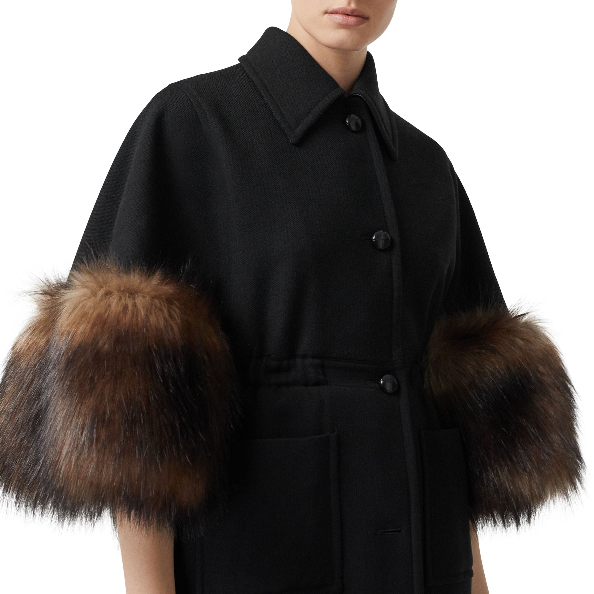 Manteau en laine mélangée façon cape avec fourrure amovible - Black