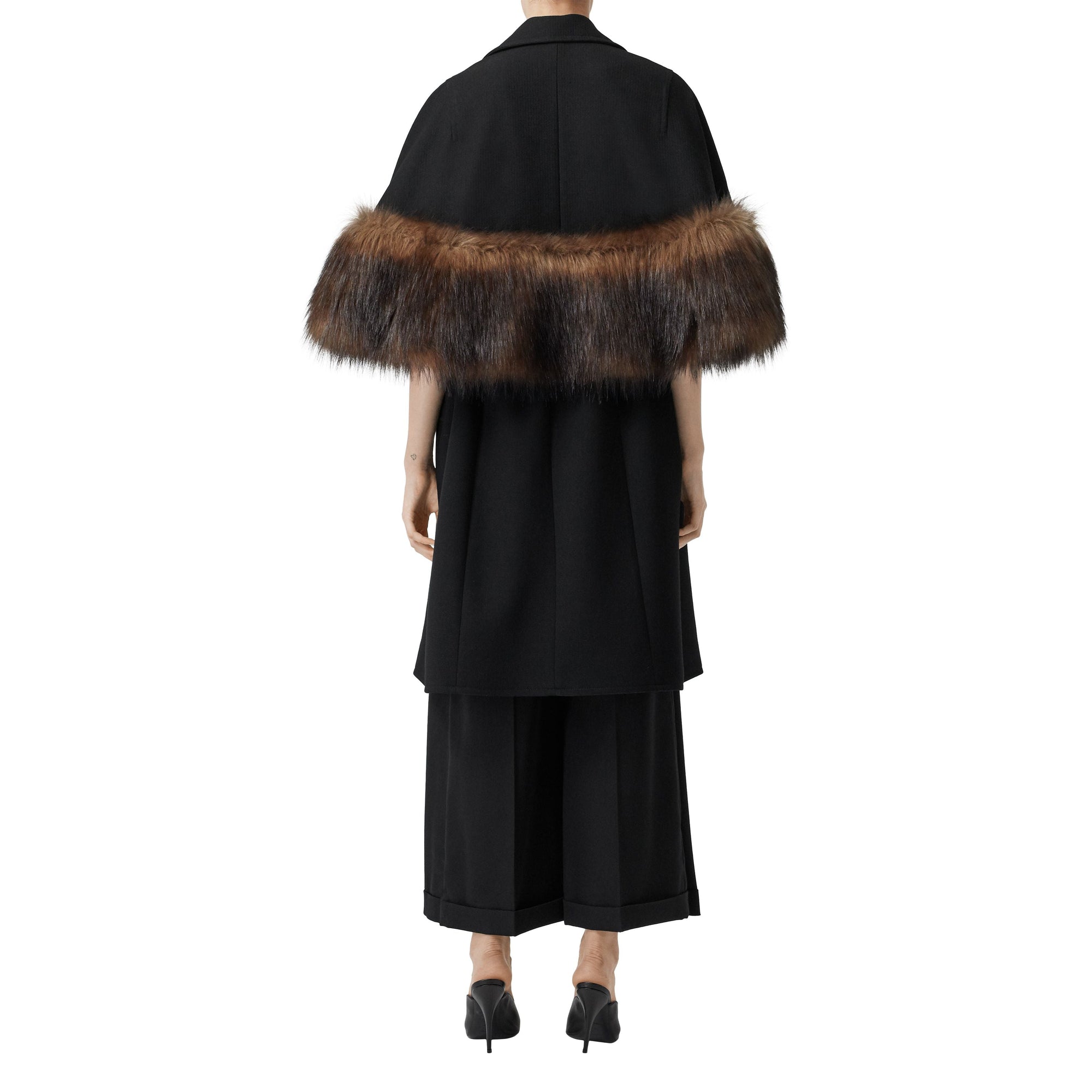 Manteau en laine mélangée façon cape avec fourrure amovible - Black