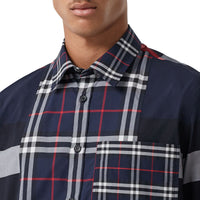 Chemise en popeline de coton stretch check façon patchwork - Navy