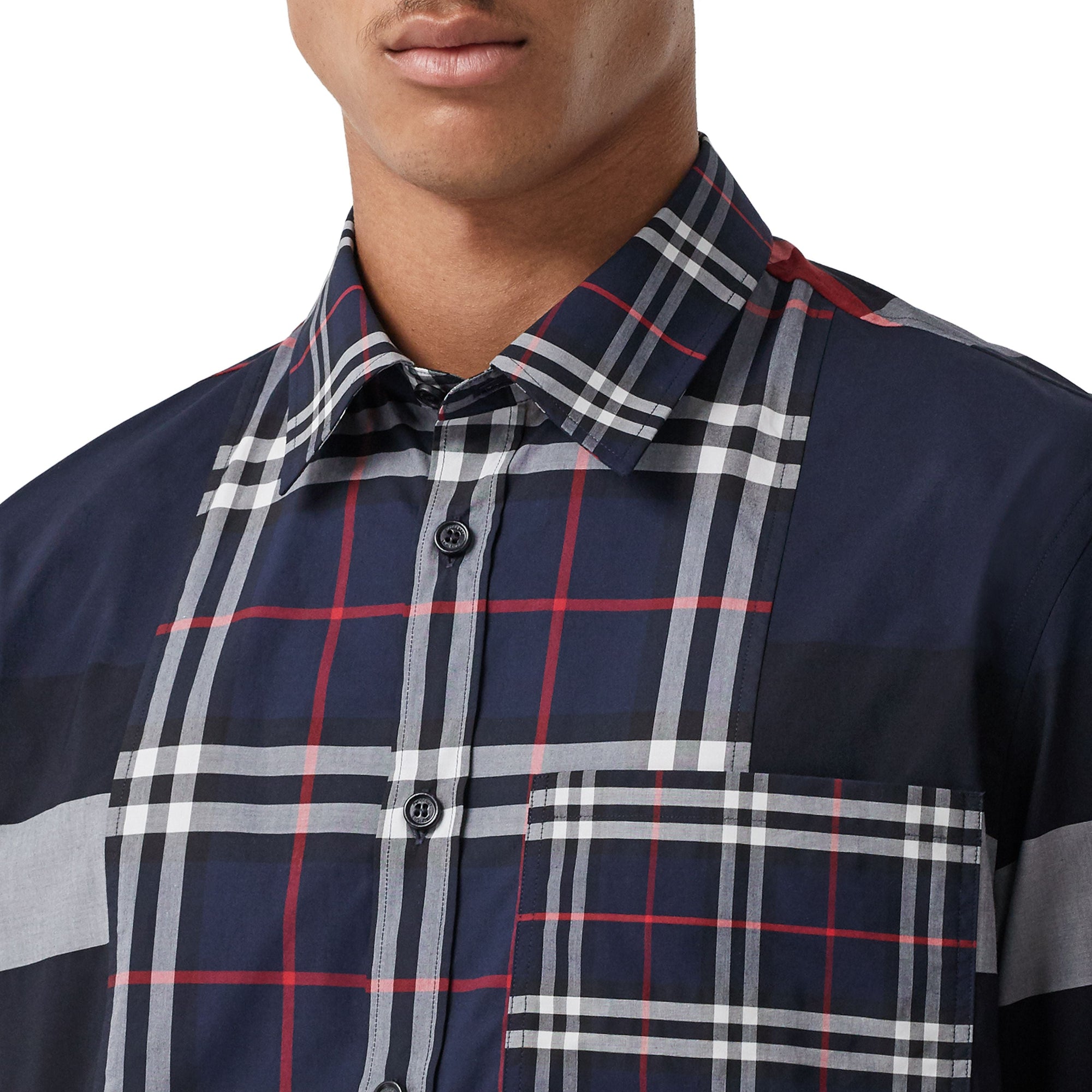 Chemise en popeline de coton stretch check façon patchwork - Navy